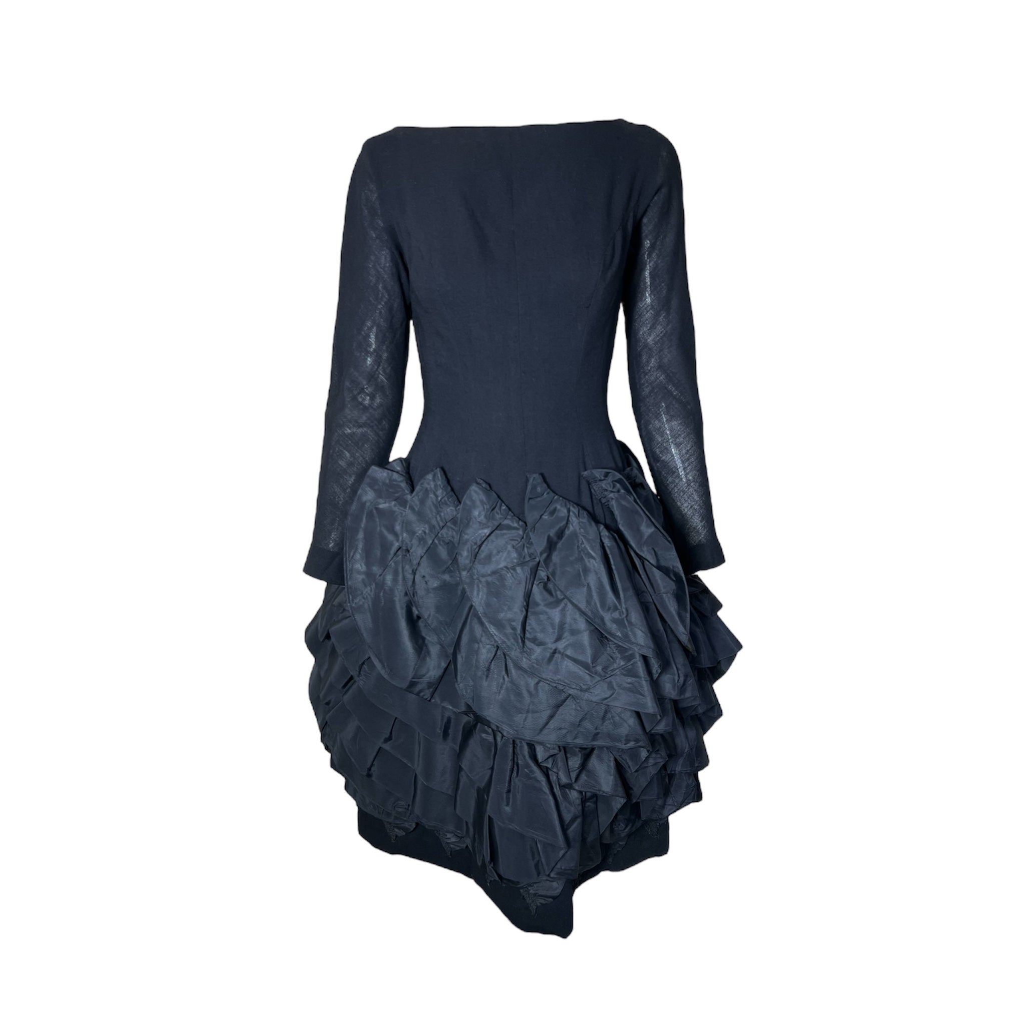 Mam’selle by Betty Carol 1959 Sculptural Petal Puff Long Sleeve Black Dress