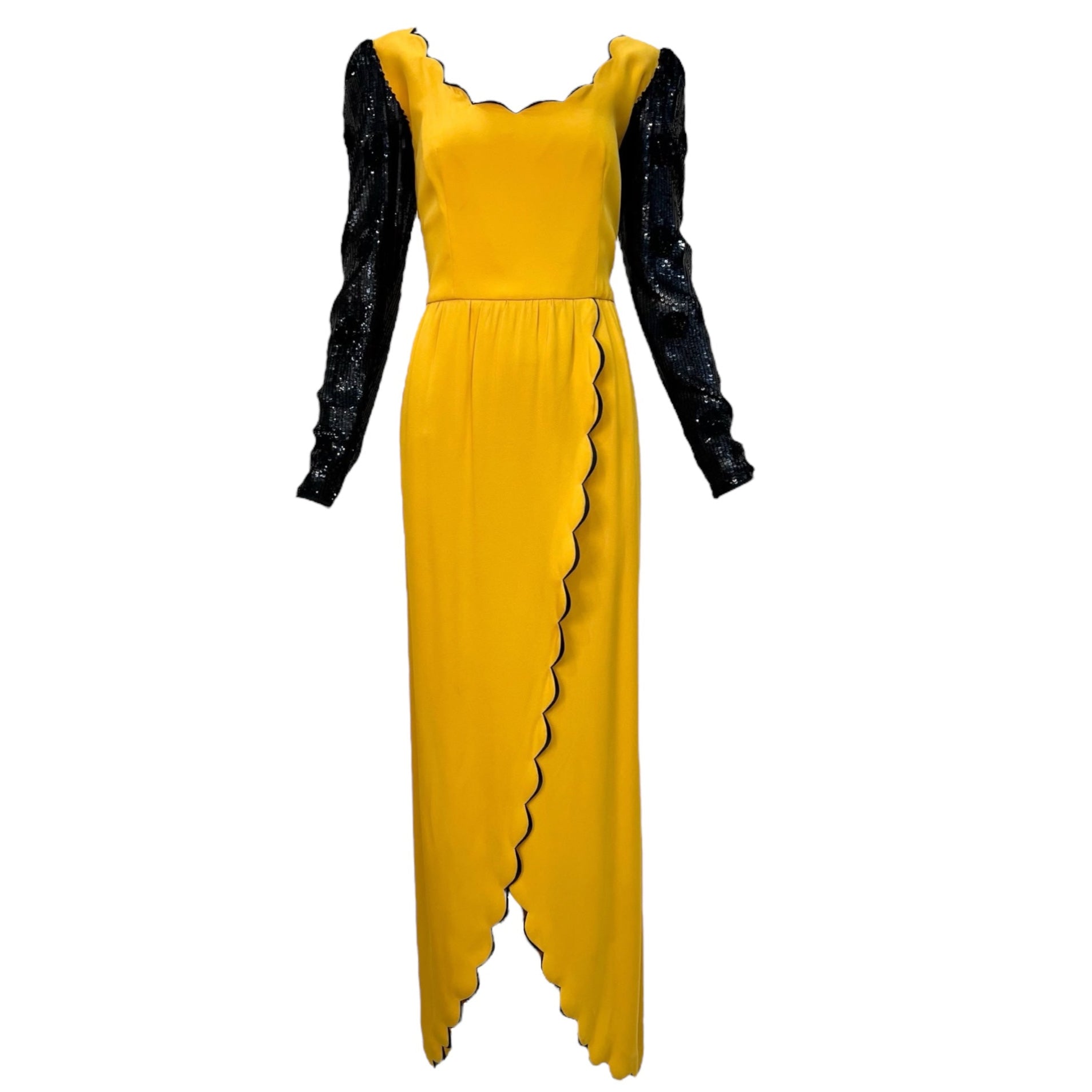 Valentino Couture 1980's Yellow Scalloped Silk & Black Sequin Gown