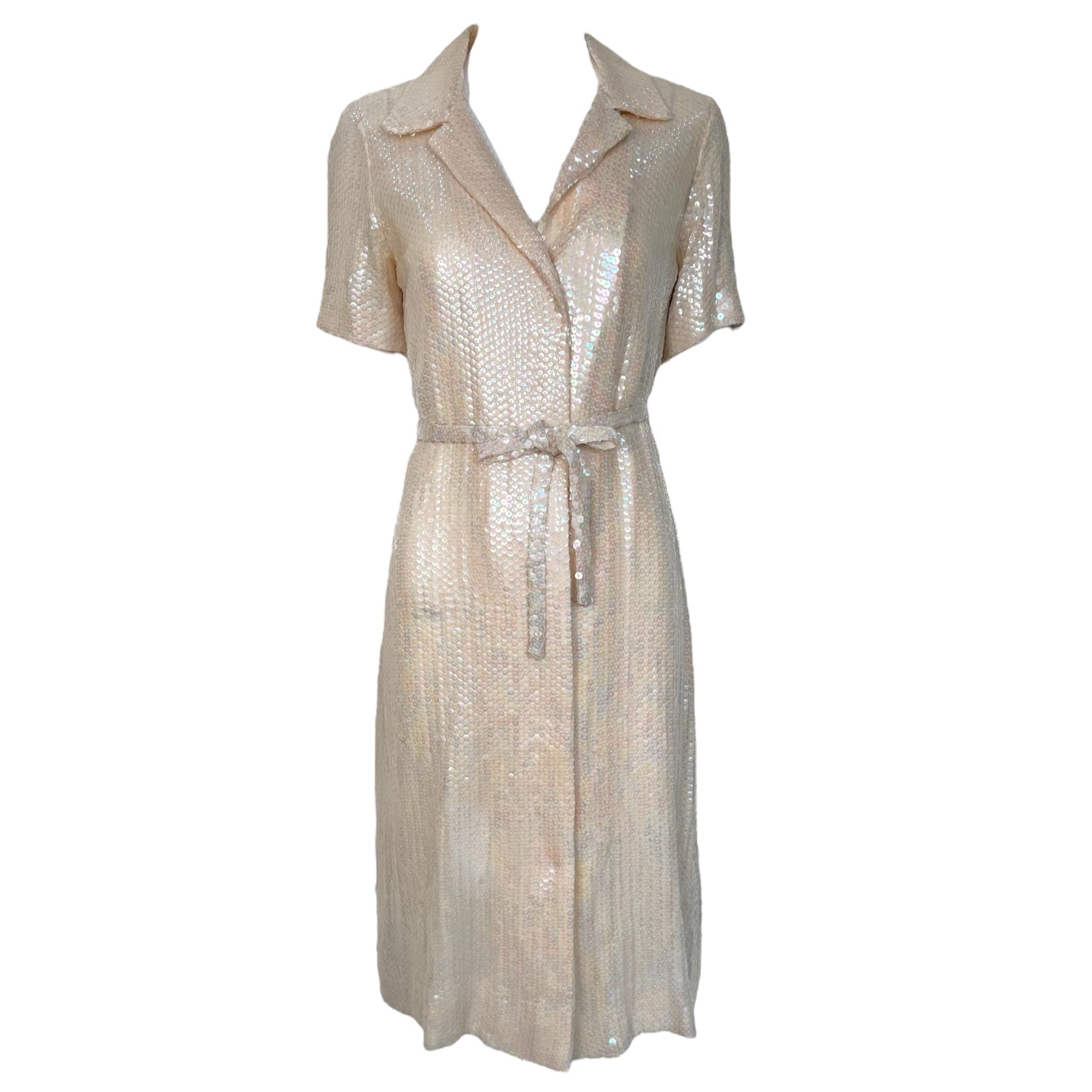Robe chemise à paillettes crème Halston 1974 Resort avec ceinture