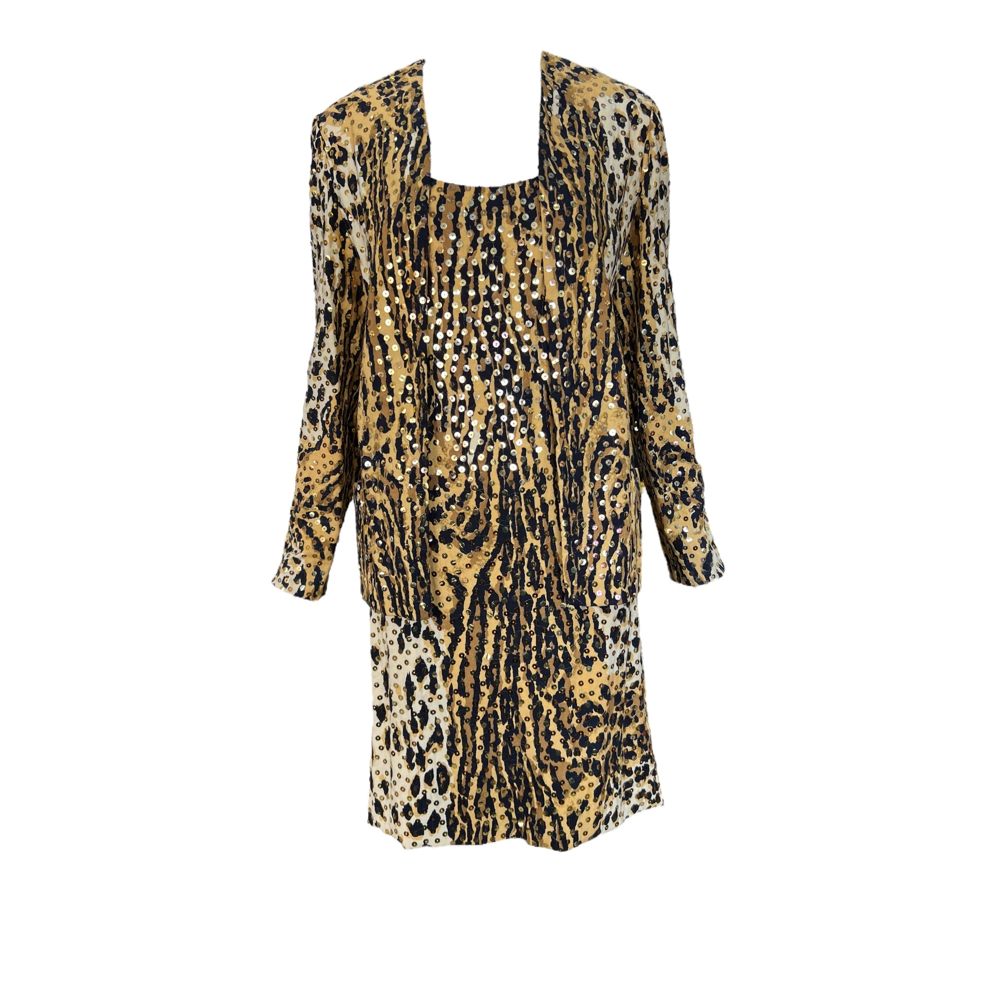 Mollie Parnis 1970's Sequinned Leopard Print Dress and Matching Jacket Mollie Parnis 1970's Sequinned Leopard Print Dress and Matching Jacket