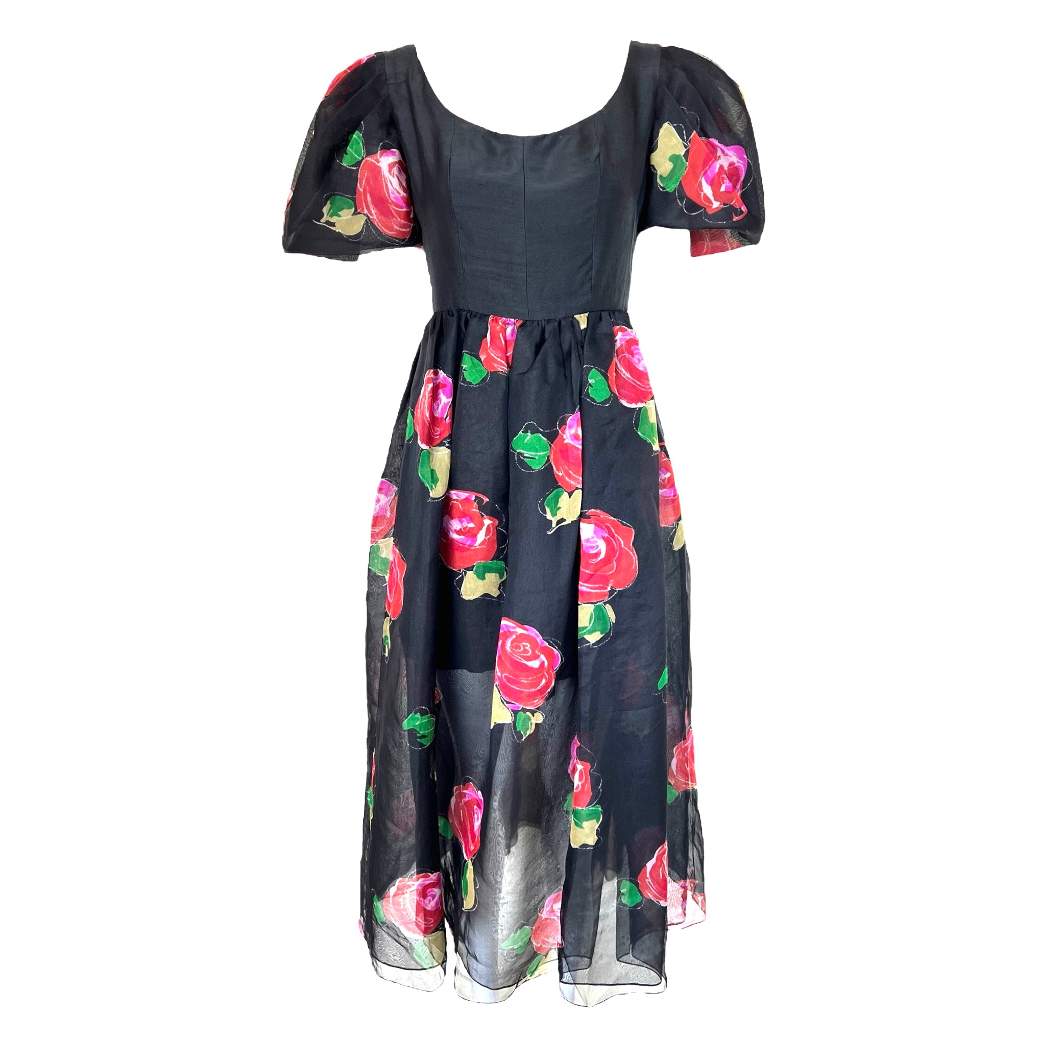 Hanae Mori 1980's Black Rose Print Silk Organdy Dress Hanae Mori 1980's Black Rose Print Silk Organdy Dress