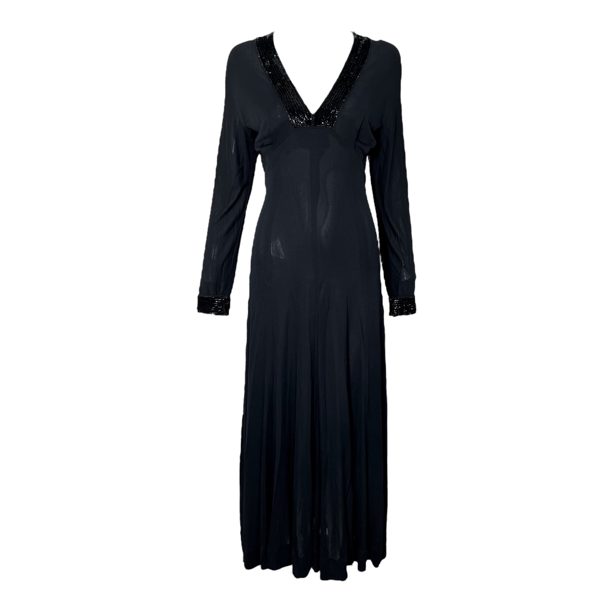 Jean Muir 1970's Black Rayon Jersey Sequin V-Neck Maxi Dress Jean Muir 1970's Black Rayon Jersey Sequin V-Neck Maxi Dress