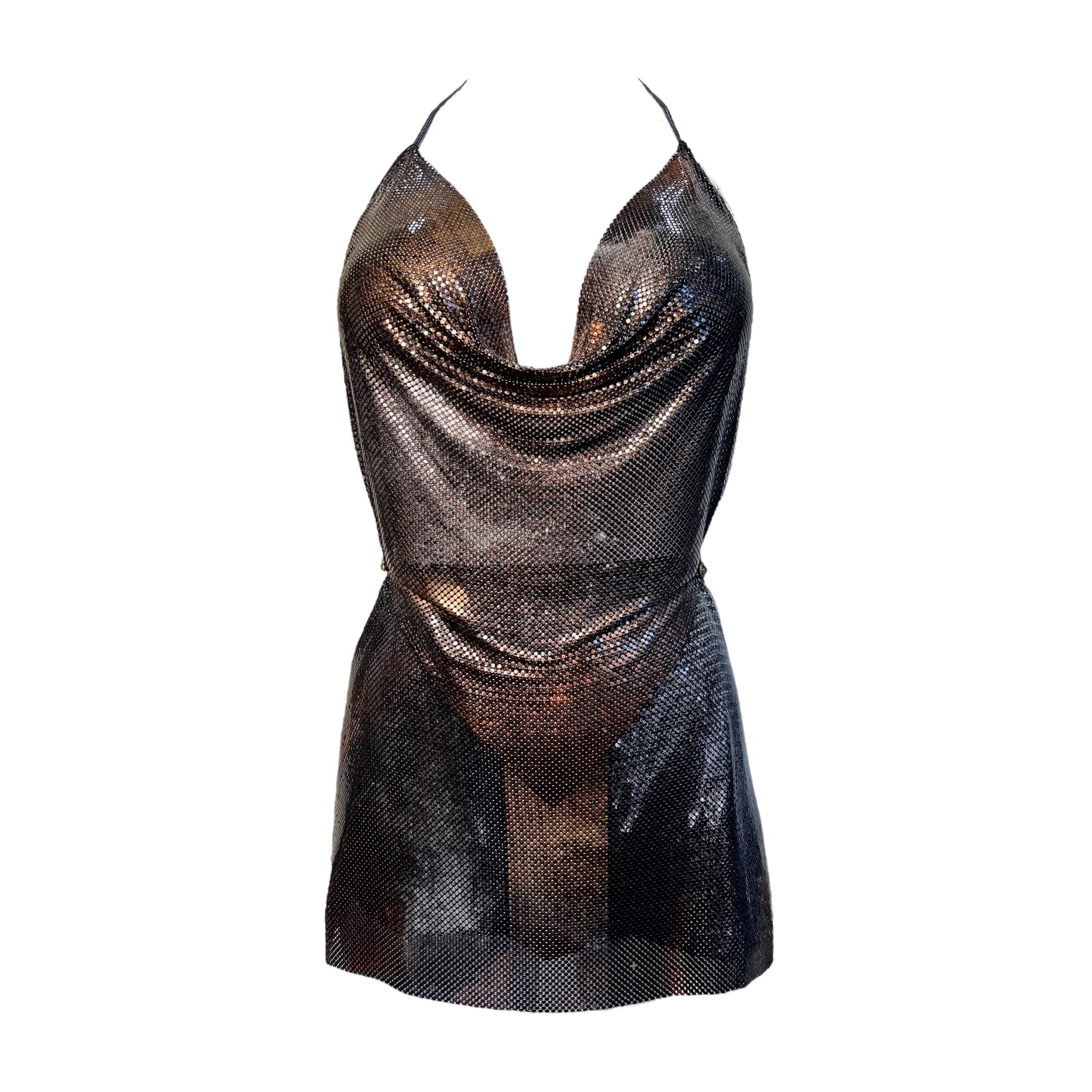 Ferrara Bronzed Metallic Enamel Mesh Slinky Halter Mini Dress THE WAY WE WORE Ferrara Bronzed Metallic Enamel Mesh Slinky Halter Mini Dress THE WAY WE WORE