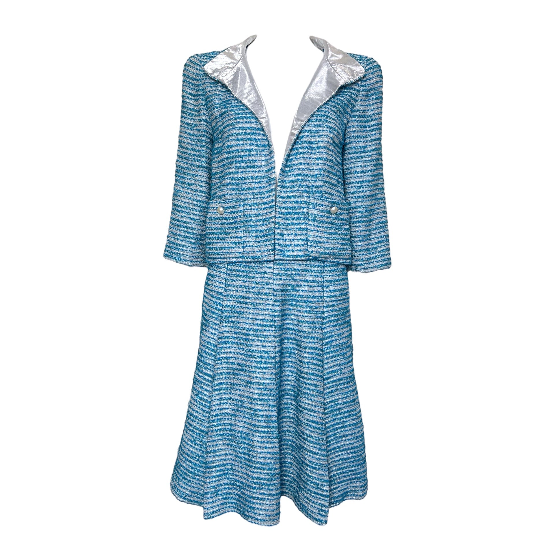 Chanel S/S 2001 Blue Boucle Knit Skirt Suit with Silver Lame