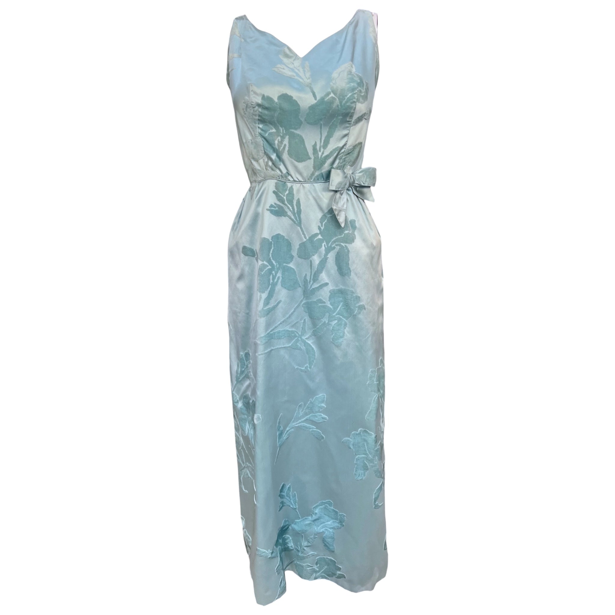 Late 1950's Turquoise Pale Aqua Silk Satin Shaved Velvet Gown Late 1950's Turquoise Pale Aqua Silk Satin Shaved Velvet Gown