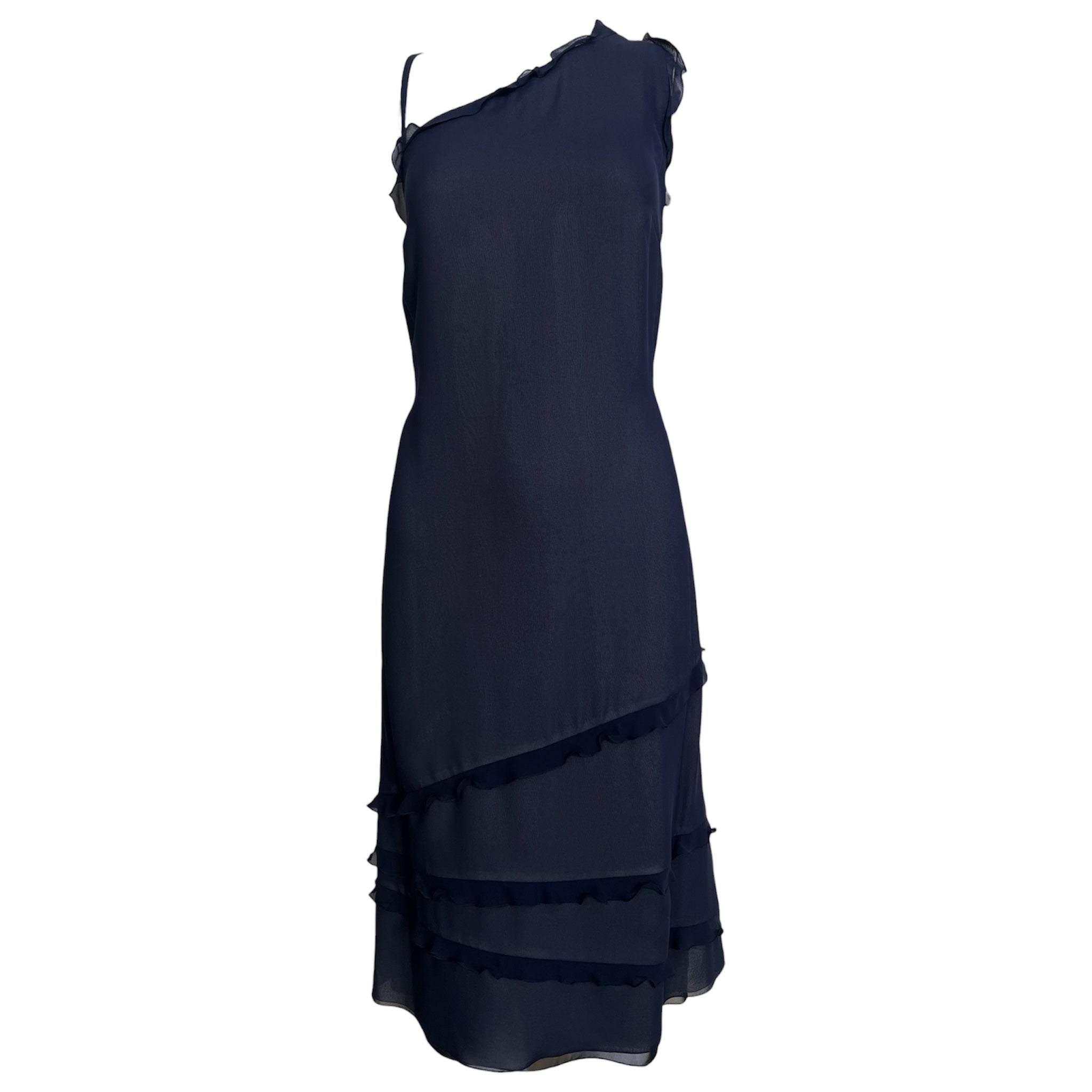 Akris 2000's Navy Silk Ruffled One Shoulder Cocktail Dress Akris 2000's Navy Silk Ruffled One Shoulder Cocktail Dress