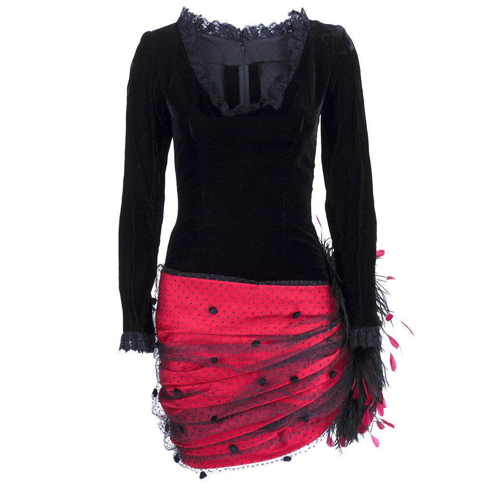 Guy Laroche Couture 1980's Black Velvet Red Satin Polka Dot Net Lace Feather Dress Guy Laroche Couture 1980's Black Velvet Red Satin Polka Dot Net Lace Feather Dress