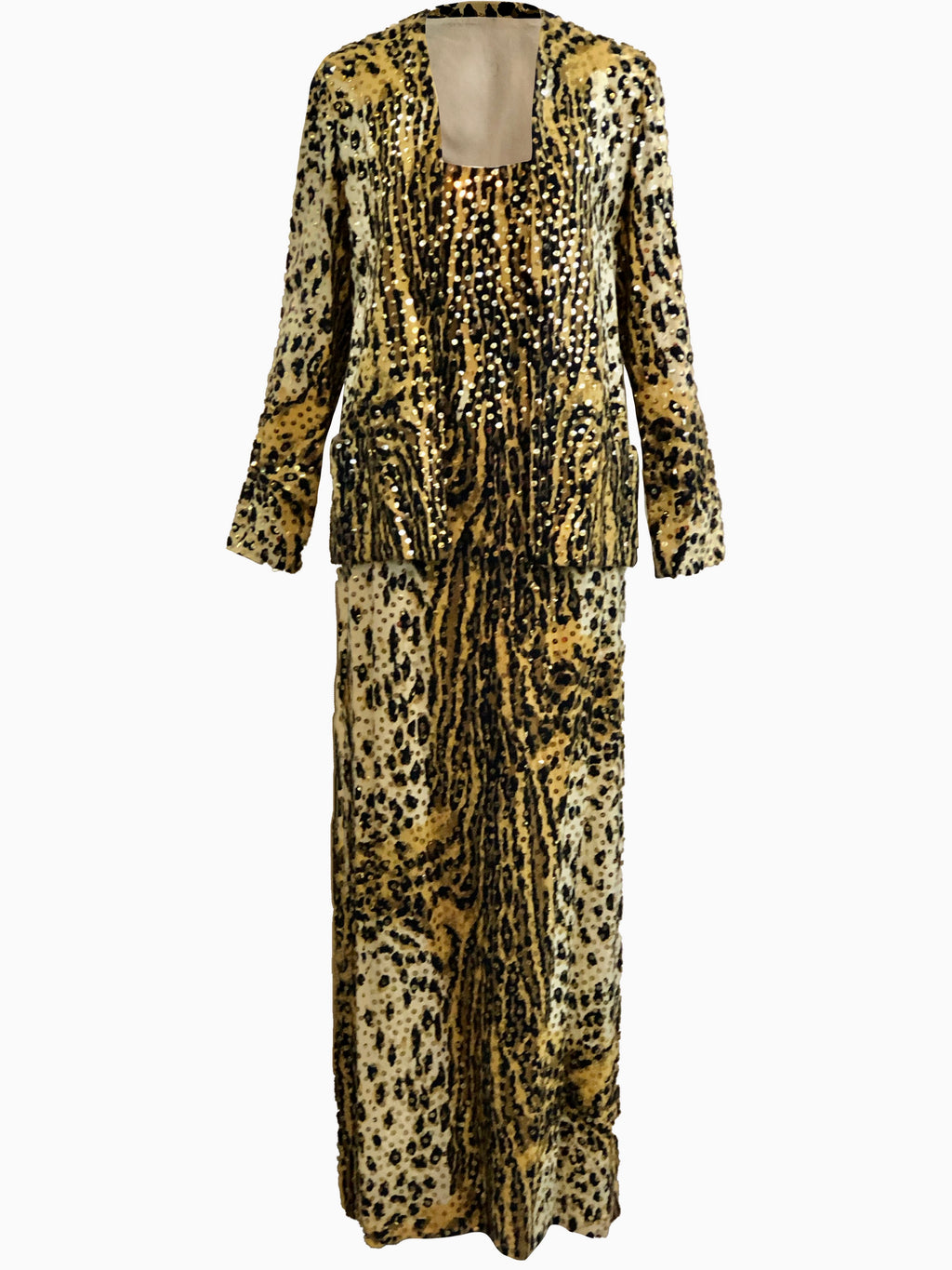  Mollie Parnis 70s Leopard Print Gown with Sequins and Matching Jacket FRONT ENSEMBLE 1 of 7
