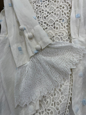 Edwardian White with Hand Embroidered Blue Polka Dot Lawn Dress, sleeve  lace detail