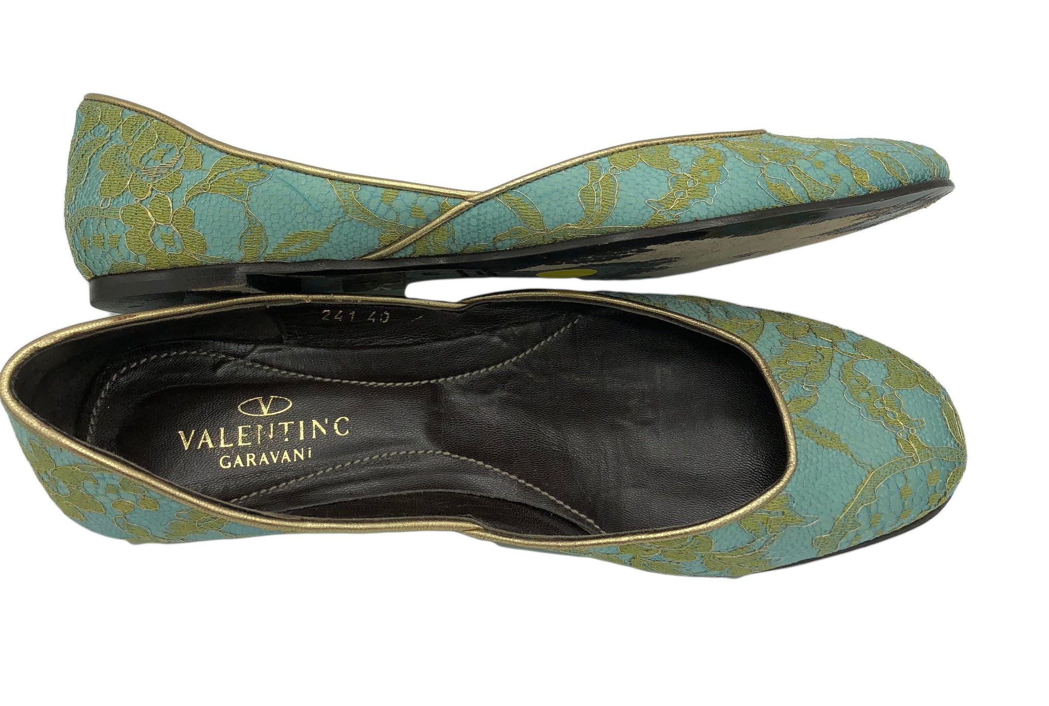 Valentino Contemporary Turquoise Satin Ballet Flats with Gold Lace Overlay 2 of 5