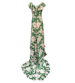 Incredible 1940s Green  Rayon Print Holoku Dress Back 3 of 7