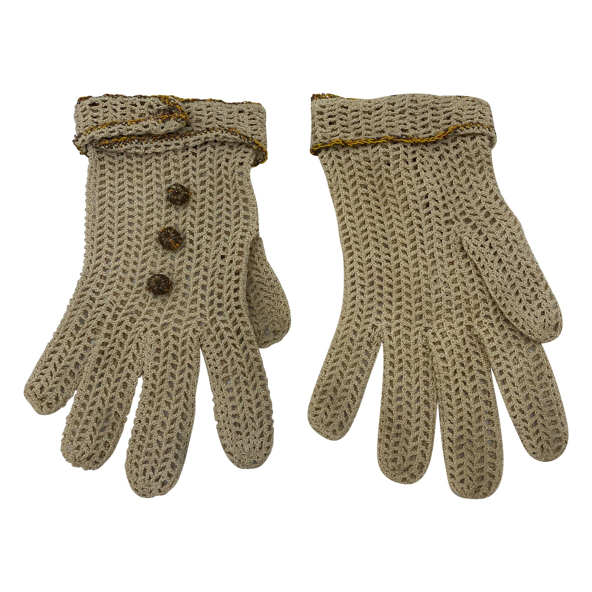 30s Gloves Tan Crochet with Bullion Buttons  BACK 2 of 2