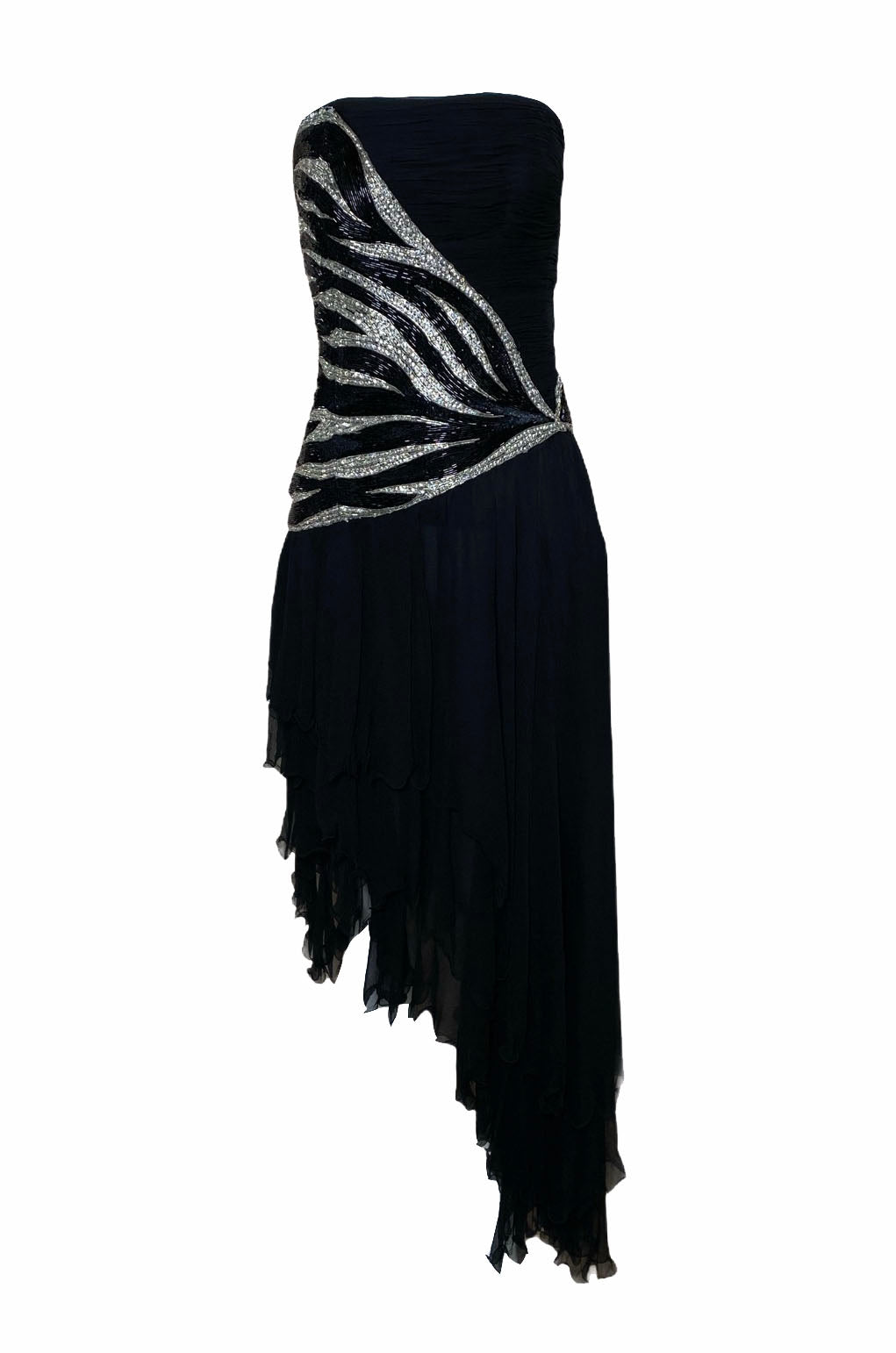 Renato Balestra 1980's Black Chiffon Beaded Stripe Asymmetrical Strapless Cocktail Dress Renato Balestra 1980's Black Chiffon Beaded Stripe Asymmetrical Strapless Cocktail Dress