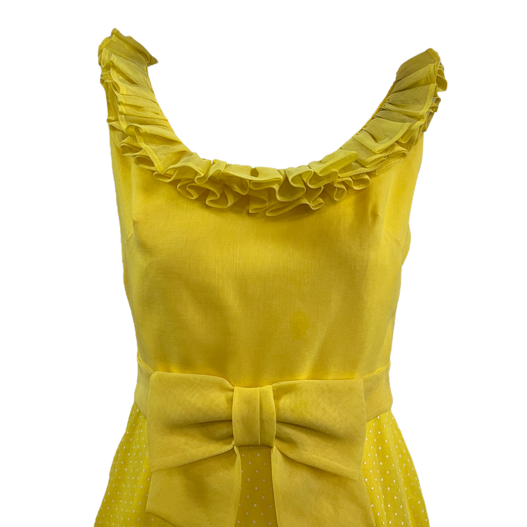 Miss Elliete 70s Lemon Yellow Cotton Maxi Dress with Swiss Dots, neck