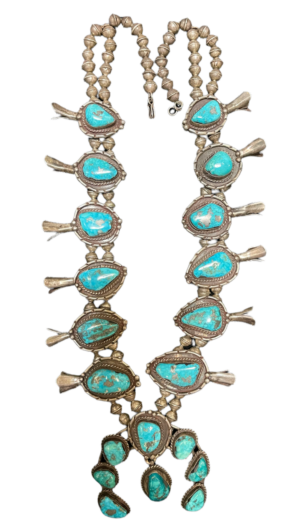 Morenci Mines  Mid 20th Century Turquoise Squash Blossom Necklace FRONT 1 of 4