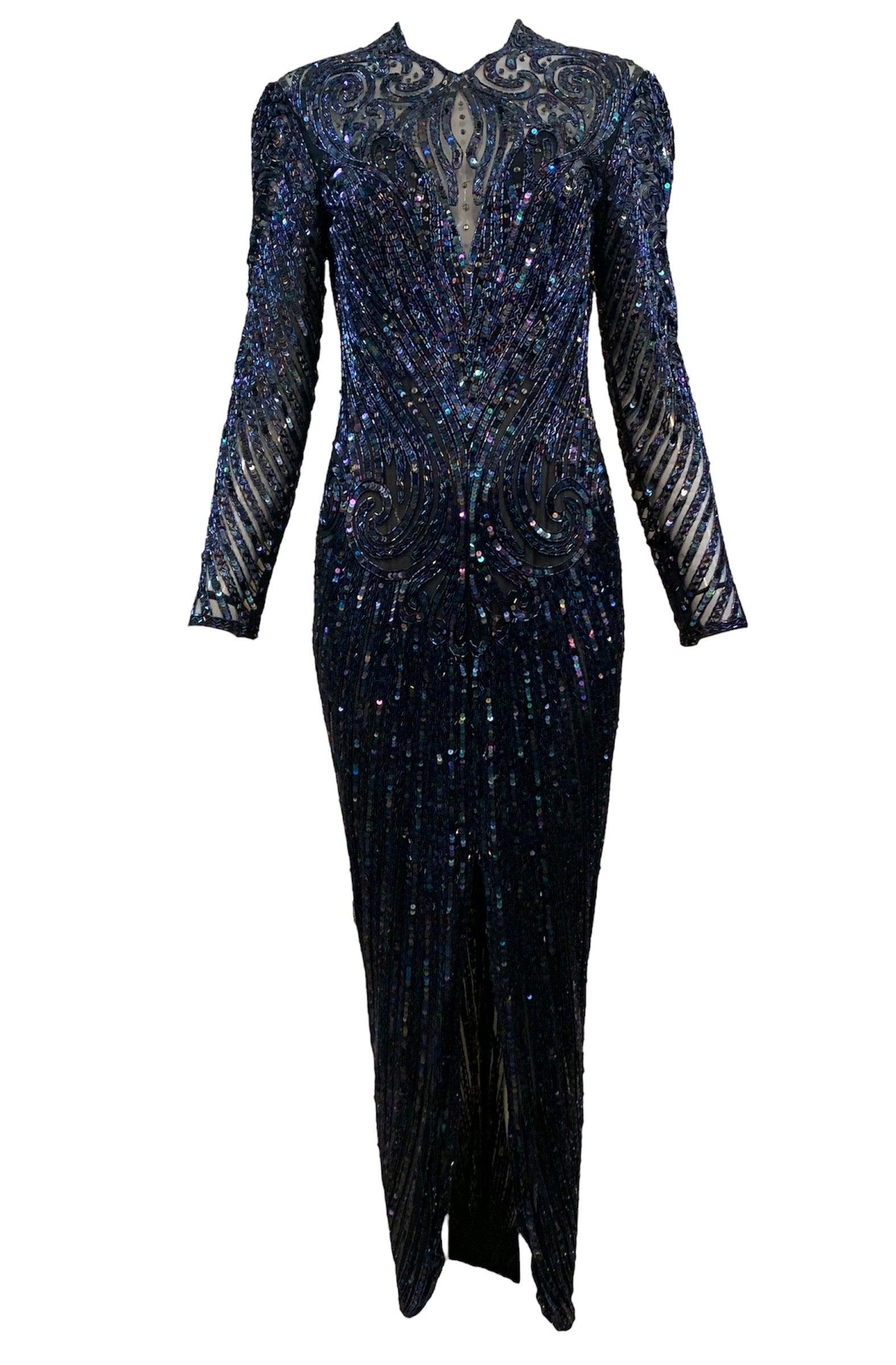 Bob Mackie 80s Midnight Blue Iridescent Bugle Bead and Sequin Gown Bob Mackie 80s Midnight Blue Iridescent Bugle Bead and Sequin Gown
