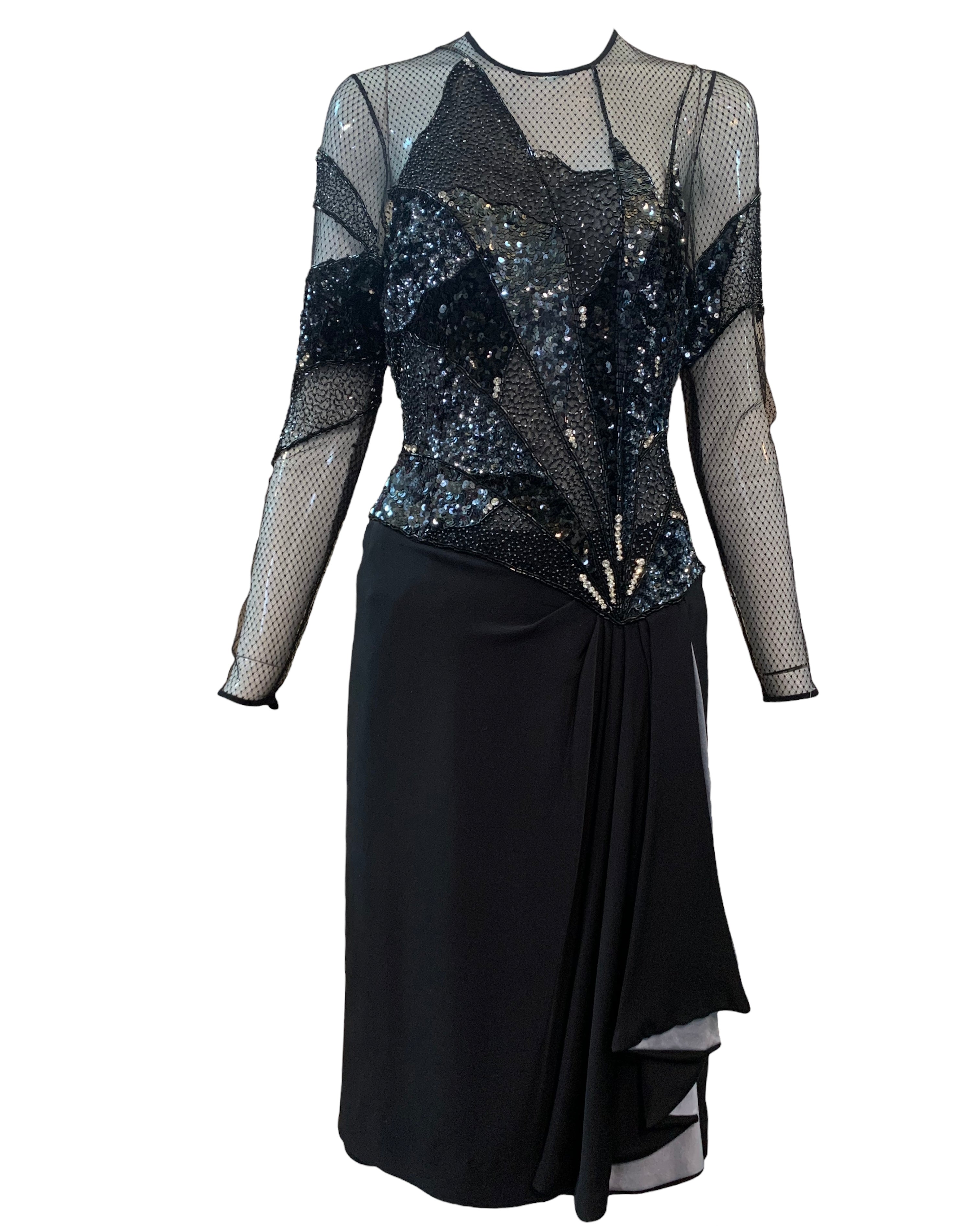 Paul Louis Orrier 1980's Black Beaded Lace Panel Cocktail Dress Paul Louis Orrier 1980's Black Beaded Lace Panel Cocktail Dress