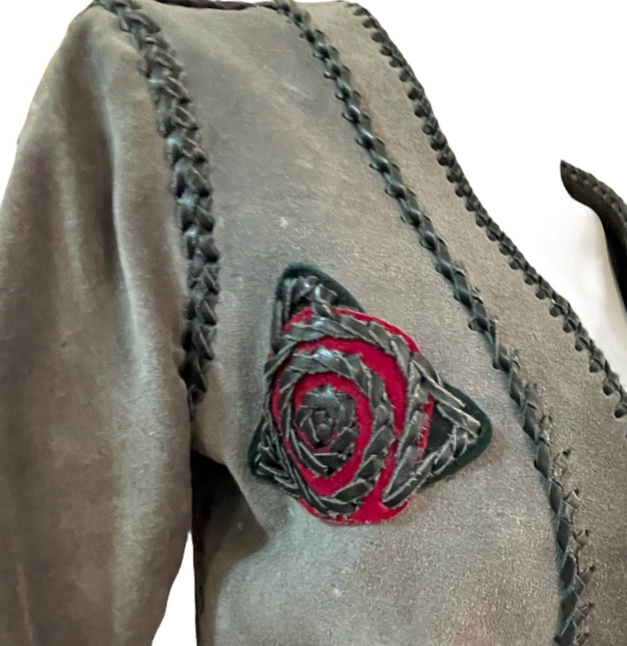 70s Grey Suede Whip Stitch Jacket with Rose Medallion DETAIL 5 of 6