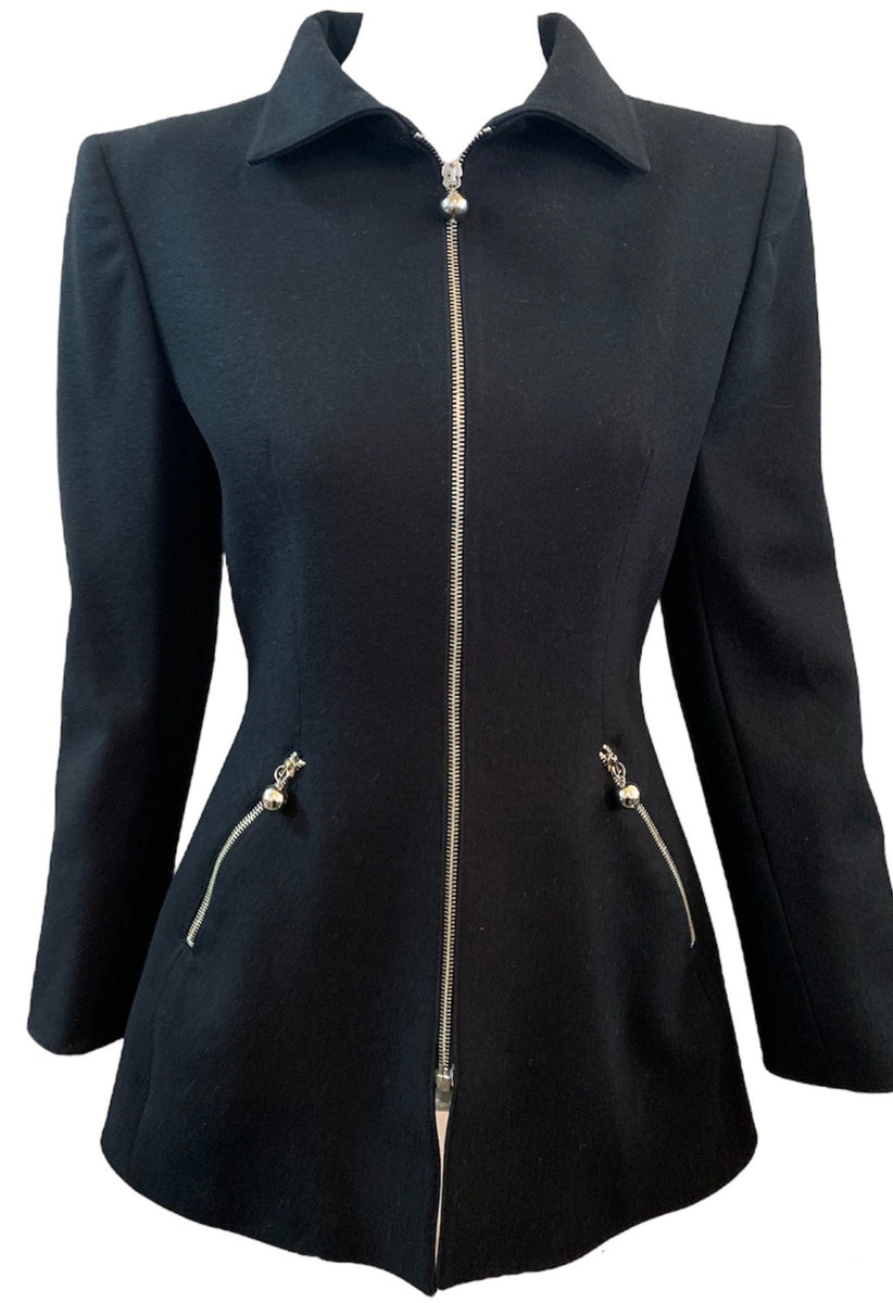 Claude Montana 80s Black Wool Zip Jacket with Chrome Details 