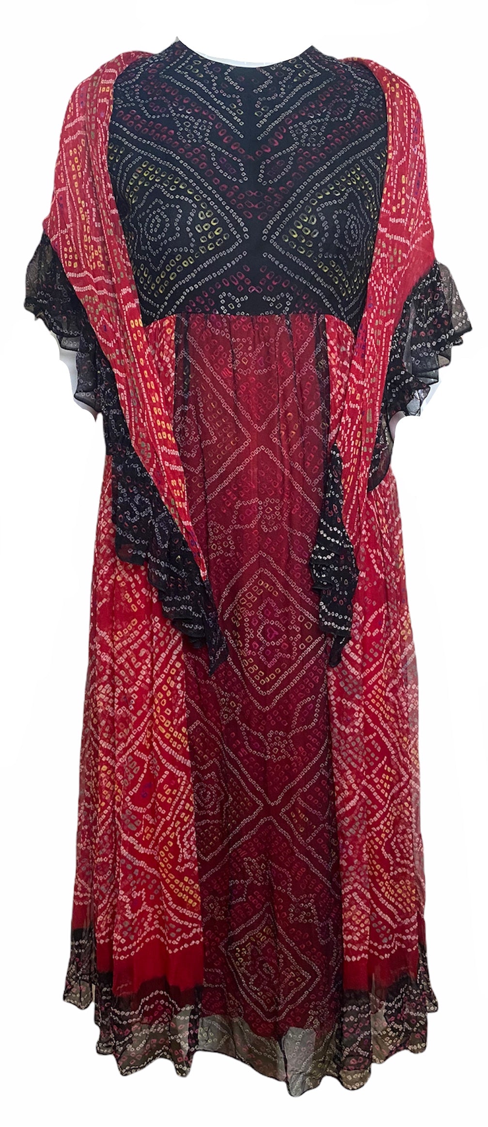 60s Unlabeled High Style Hippie Chiffon Shibori Print Dress with Shawl ENSEMBLE FRONT 1 of 6