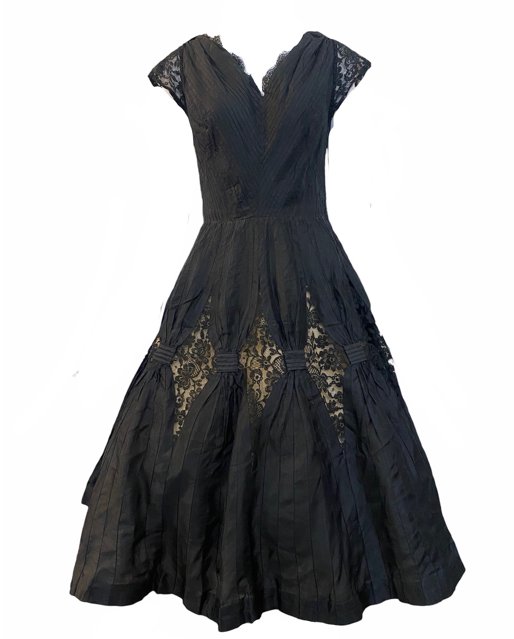 1950's Charles Glueck Black Silk Taffeta Fit and Flare Dress with Lace 1950's Charles Glueck Black Silk Taffeta Fit and Flare Dress with Lace