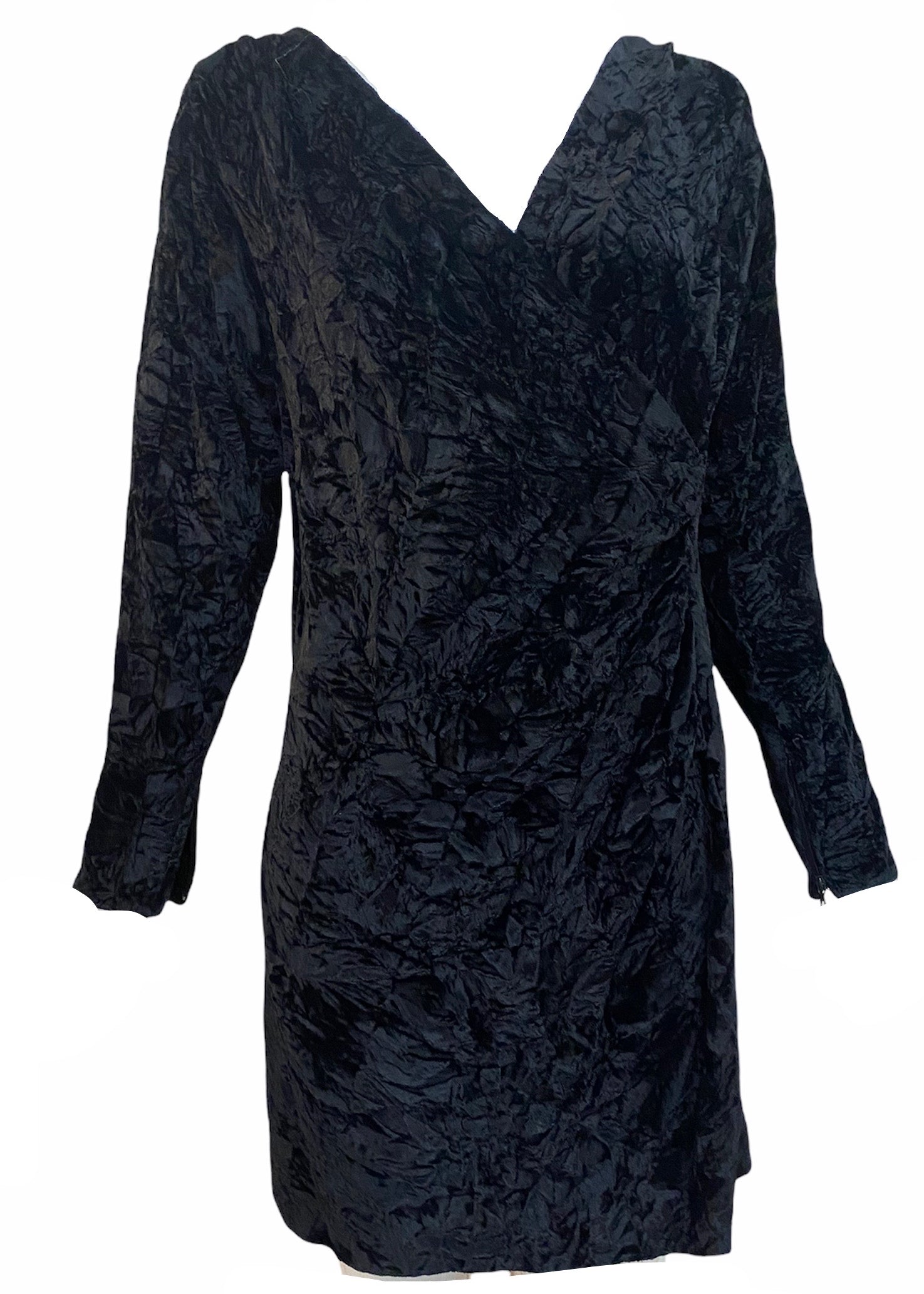 Saint Laurent Rive Gauche 80s Black Crushed Velvet Wrap Cocktail Dress FRONT 1 of 3