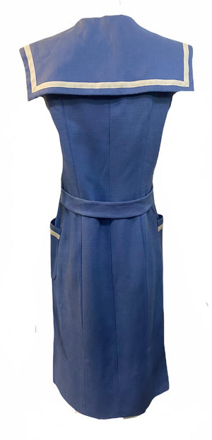 Traina Norell 60s Cornflower Blue and White  Linen Sailor Dress BACK 2 of 5