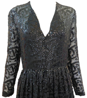  Bill Blass Atttribution 70s Black Sequin Gown With Feather Hem DETAIL 4 of 5