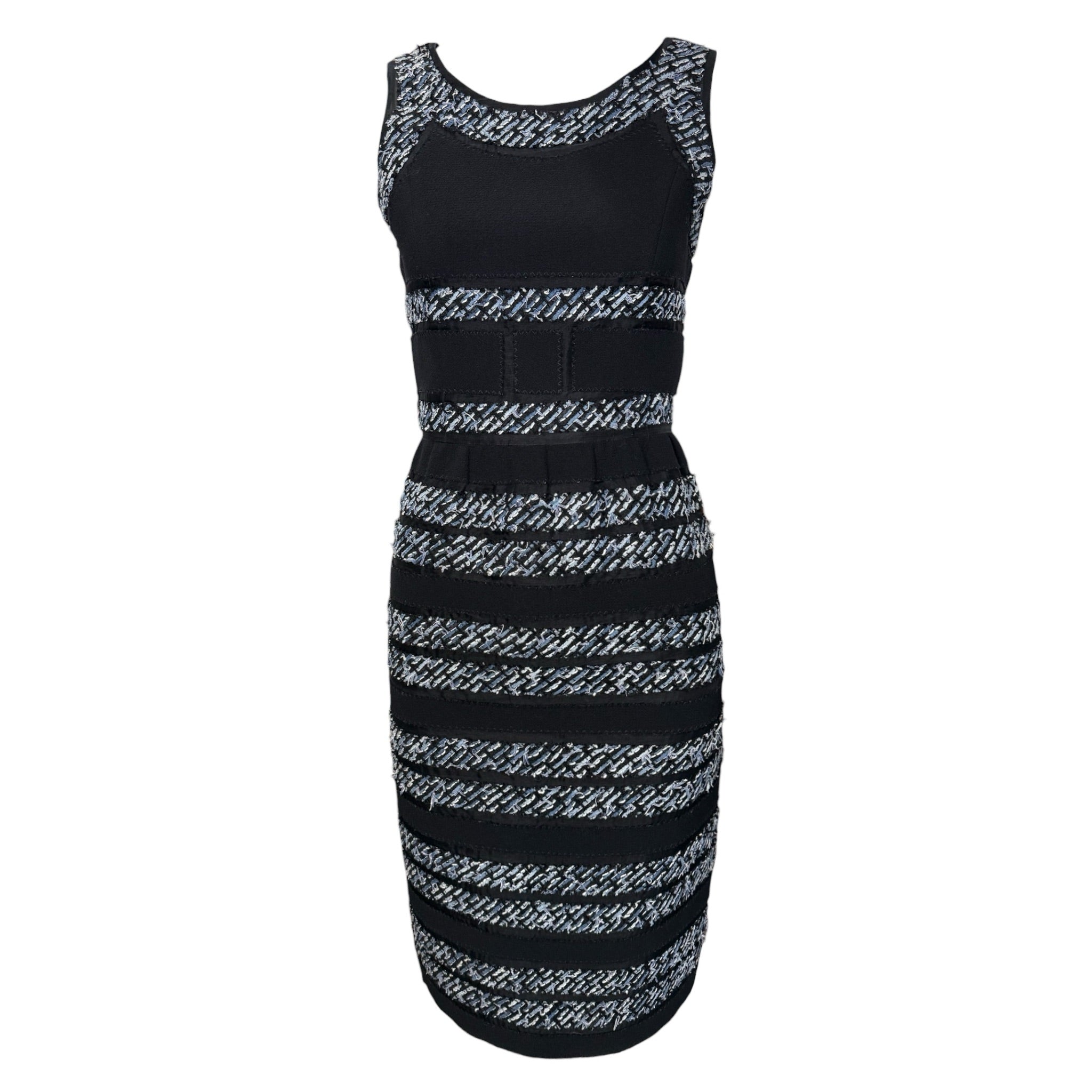 Oscar de la Renta 2000's Black Knit Dress with Tweed Stripe Appliquéd Bands