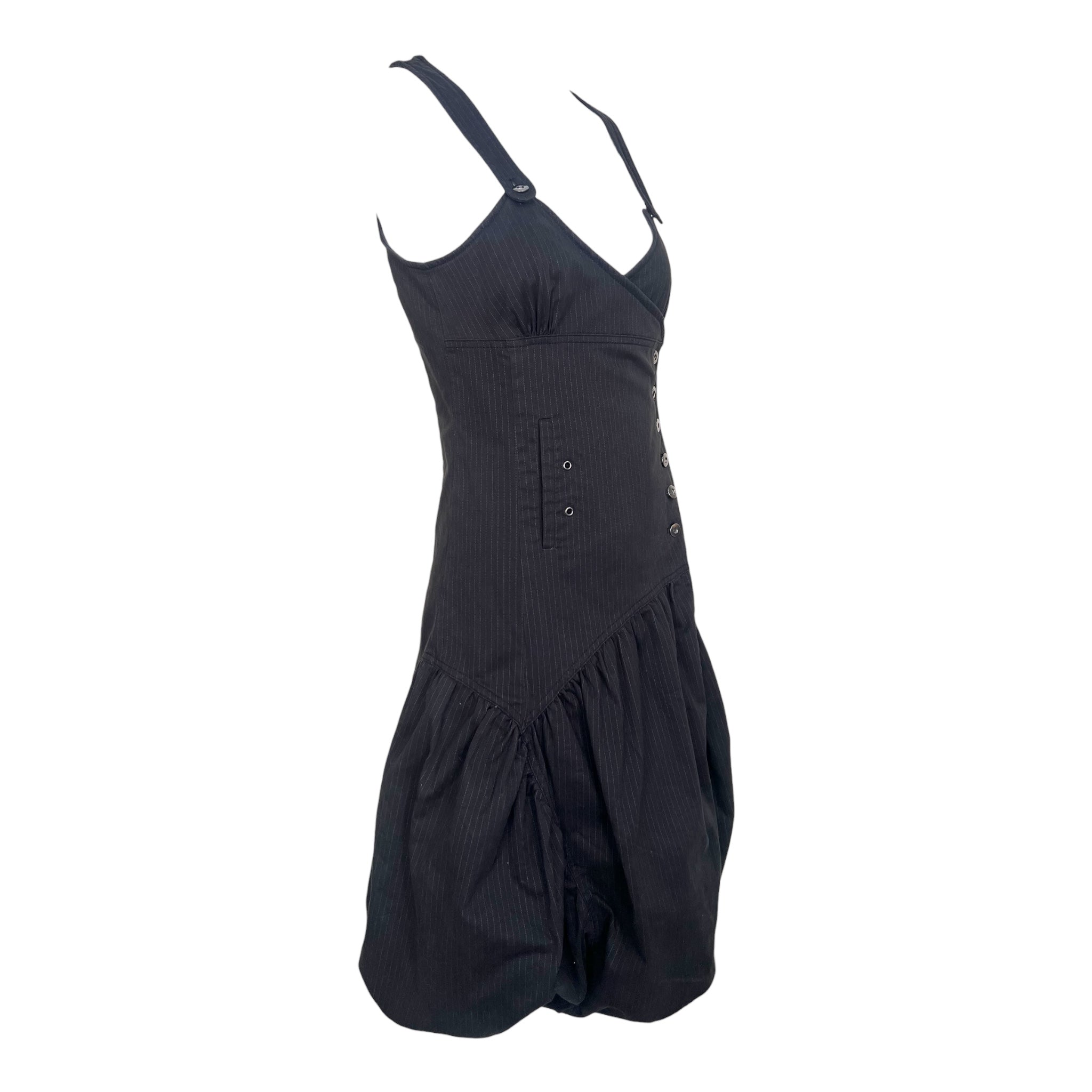 Y2K Black Pinstripe Asymmetrical Bubble Hem Midi Dress, side 2