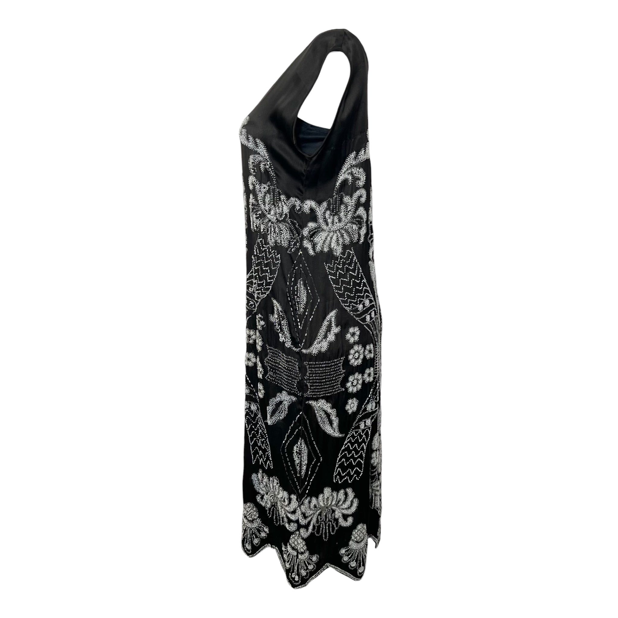 1920's Art Deco White Beaded Charcoal Black Satin Silk Evening Dress, side