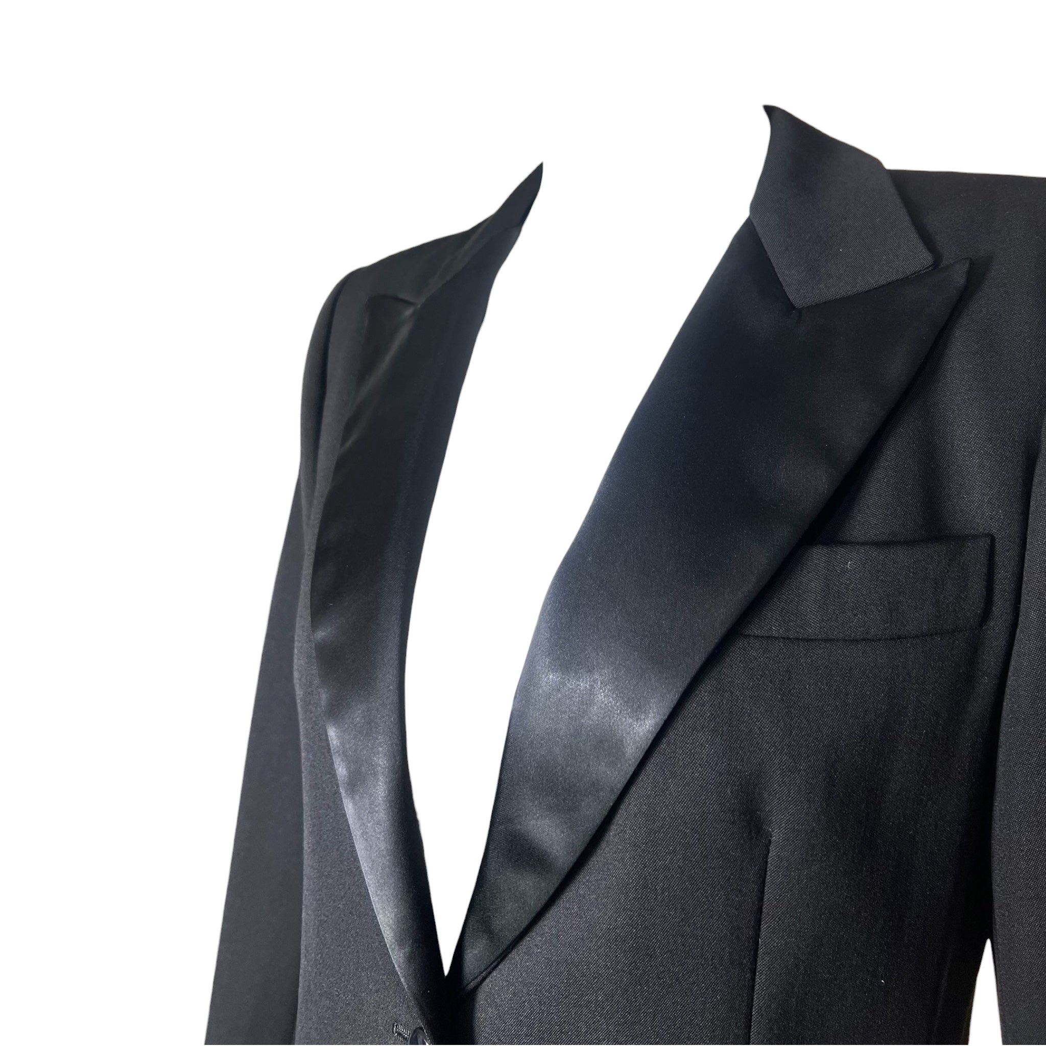 Saint Laurent 1970's Black Wool Gabardine and Faille Skirt Suit, lapel
