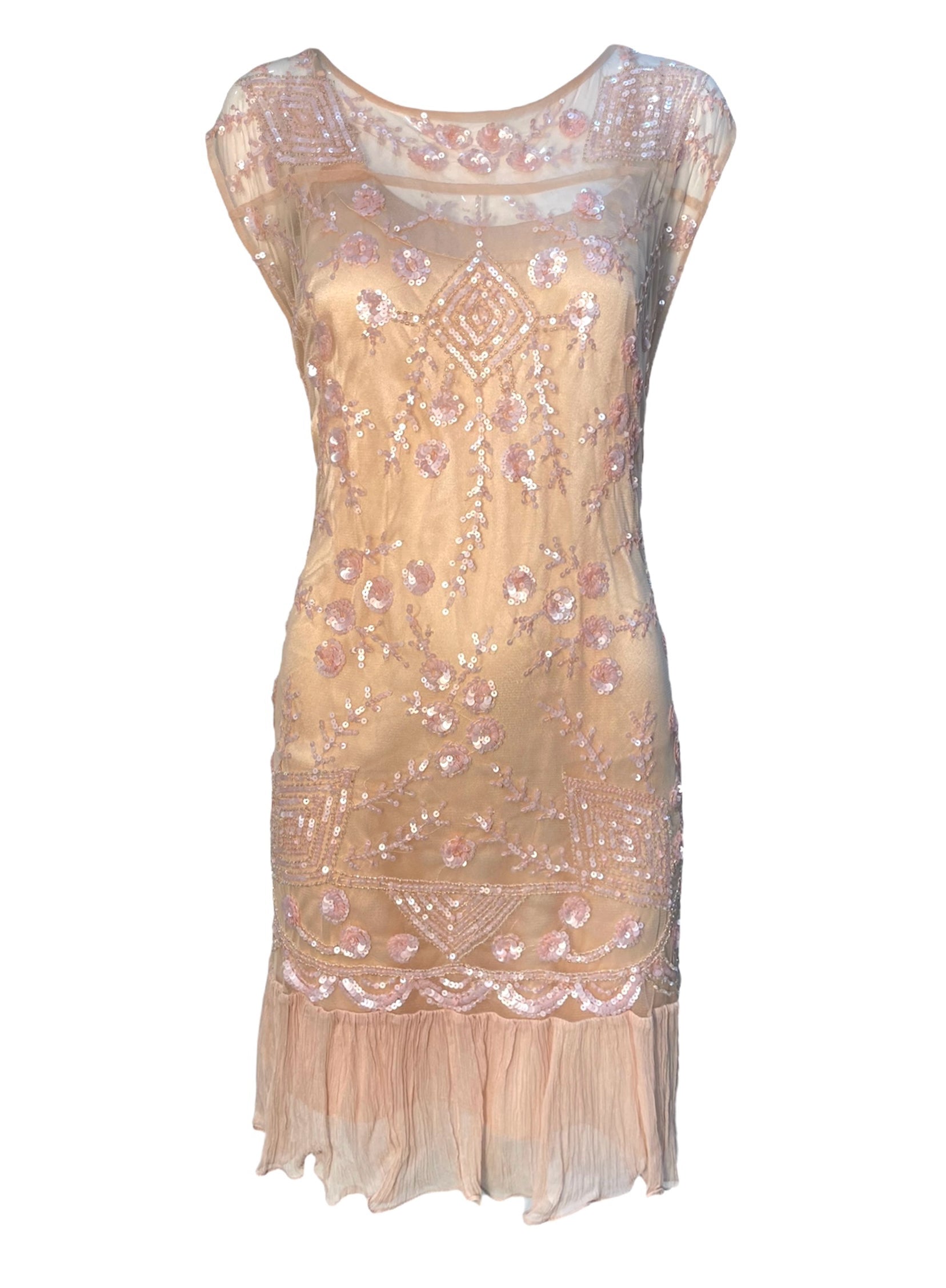 John Galliano 2000's Does '20s Blush Pink Deco Sequin Flapper Dress FRONT 1/7