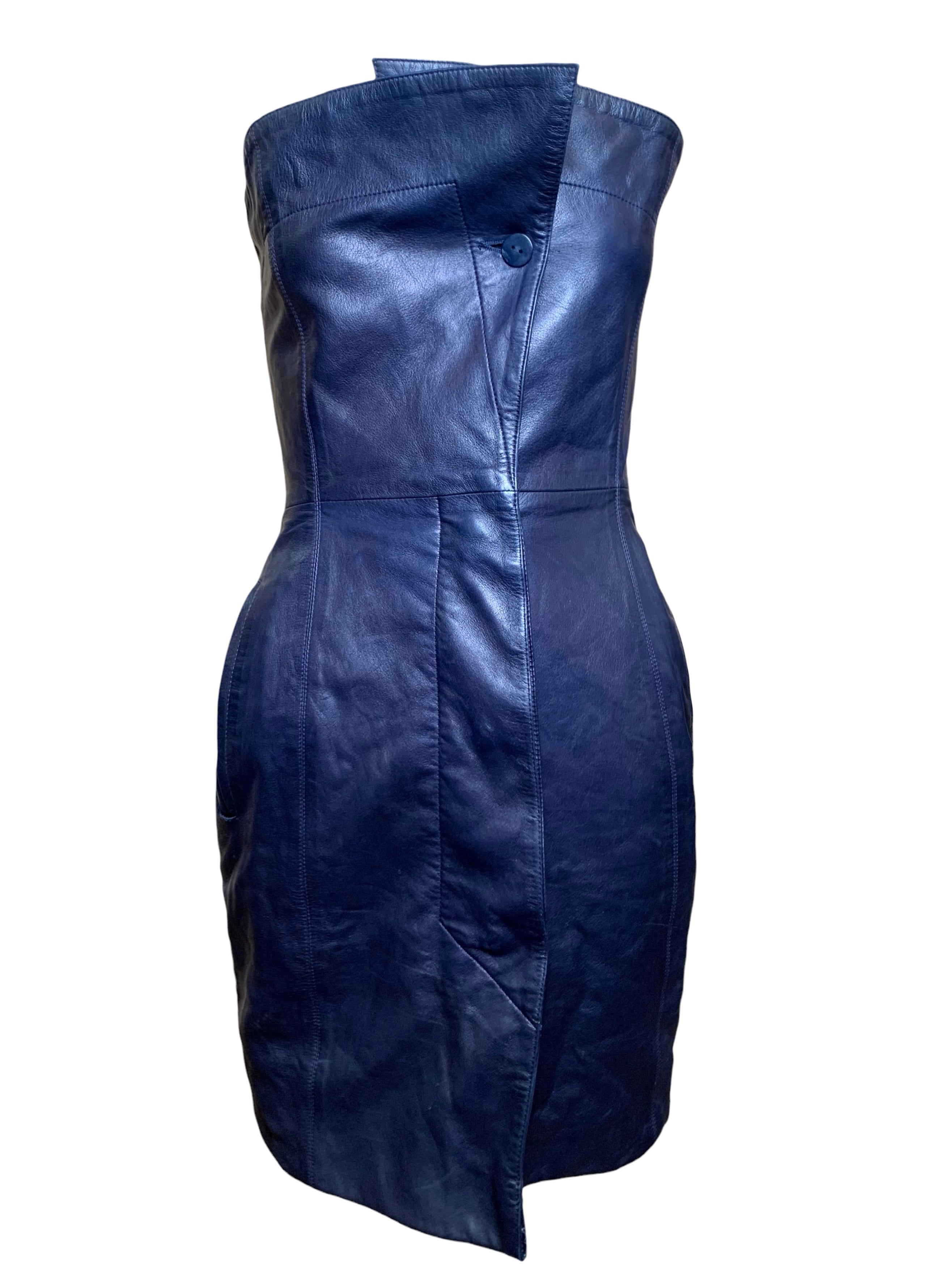  Claude Montana for Idéal-Cuir Rare Late '70s Midnight Blue Lambskin Leather Strapless Mini Dress FRONT 1/8