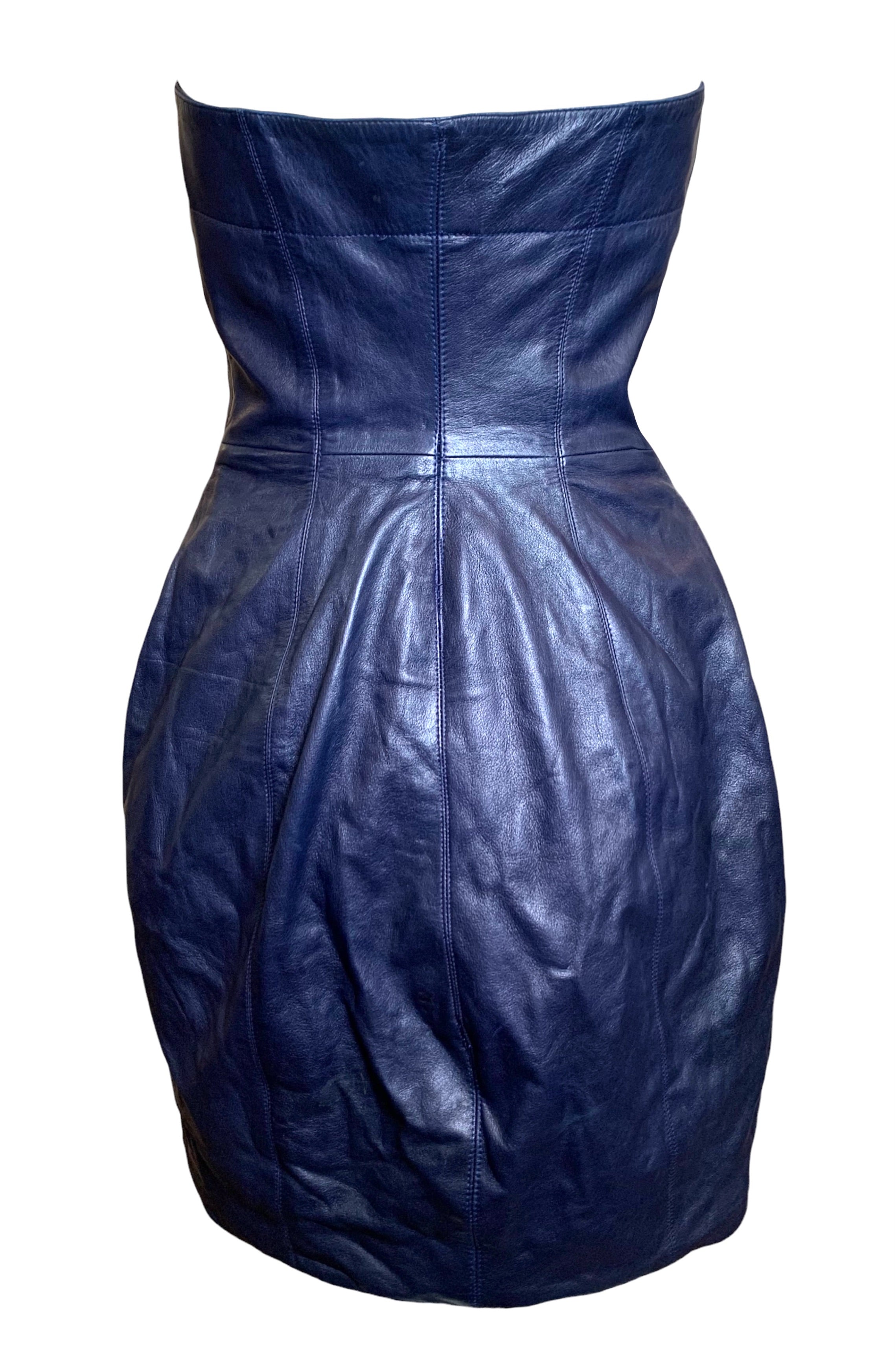  Claude Montana for Idéal-Cuir Rare Late '70s Midnight Blue Lambskin Leather Strapless Mini Dress BACK 3/8