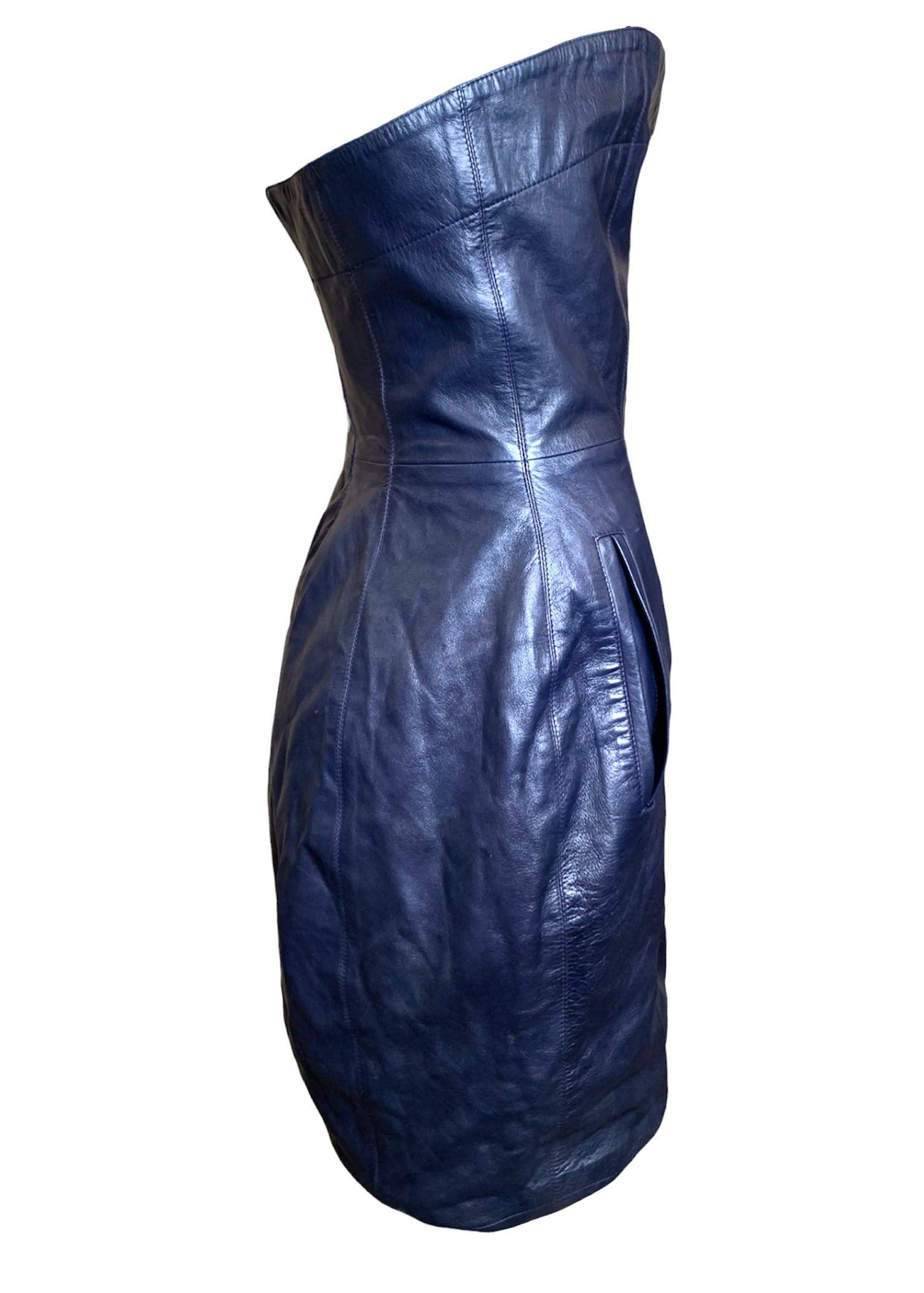  Claude Montana for Idéal-Cuir Rare Late '70s Midnight Blue Lambskin Leather Strapless Mini Dress SIDE 2/8