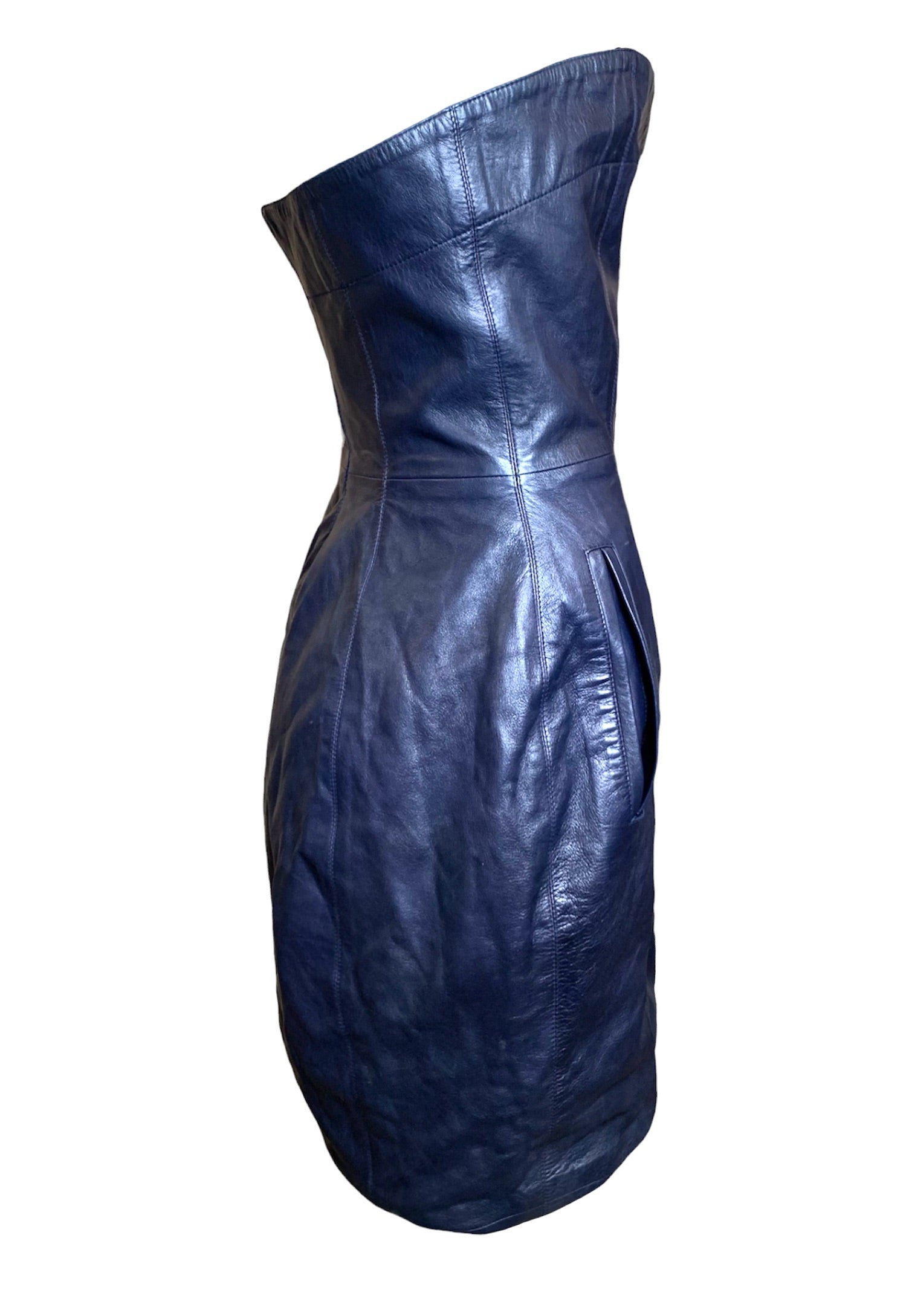  Claude Montana for Idéal-Cuir Rare Late '70s Midnight Blue Lambskin Leather Strapless Mini Dress SIDE 2/8