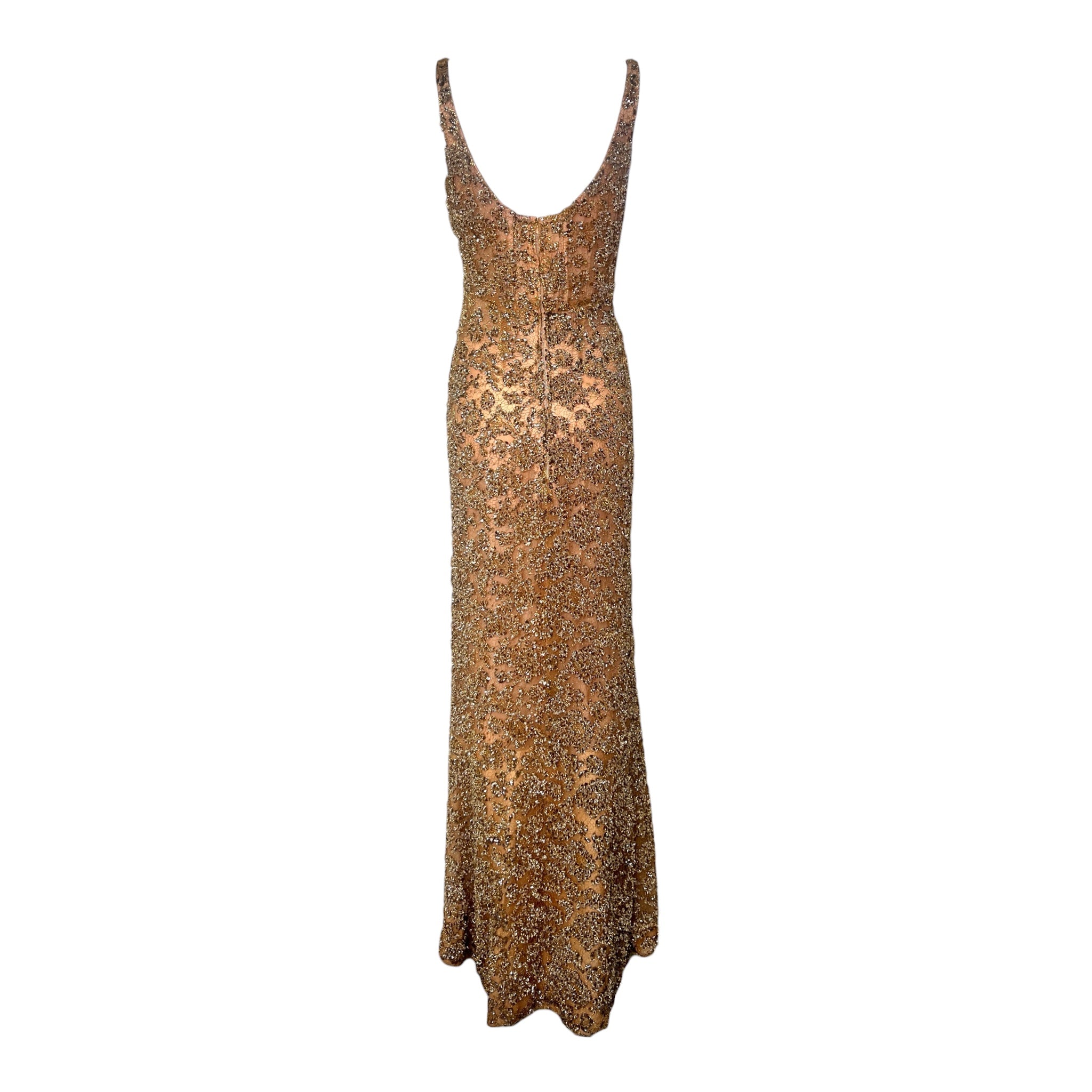 1960's Gold Heavily Embellished Knit Lace Evening Bombshell Gown, back