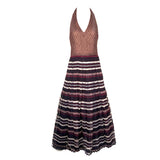 Christian Dior Boutique S/S 1994 Gianfranco Ferre Chocolate Brown Striped Macrame Halter Neck Gown