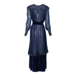 1910's French Couture Midnight Blue Silk Chiffon Long Sleeve Gown, back