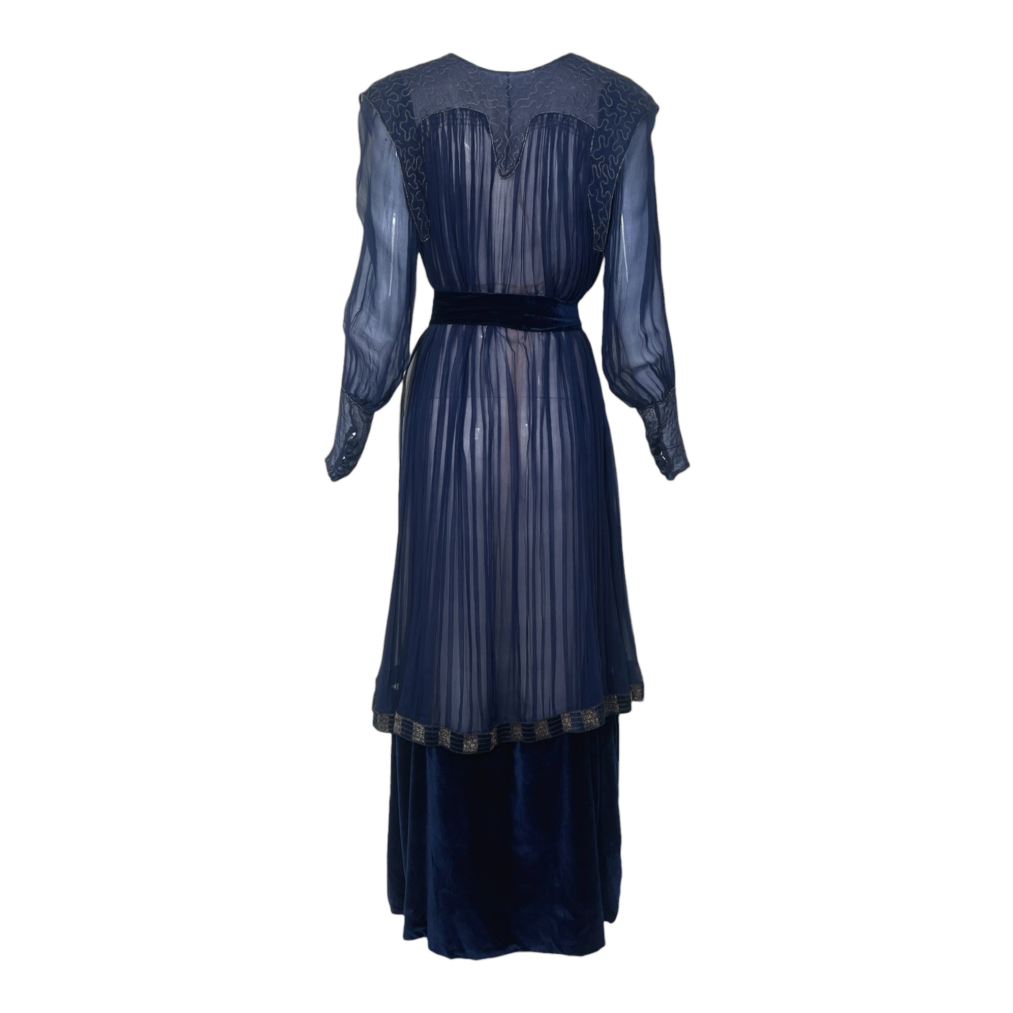 1910's French Couture Midnight Blue Silk Chiffon Long Sleeve Gown, back