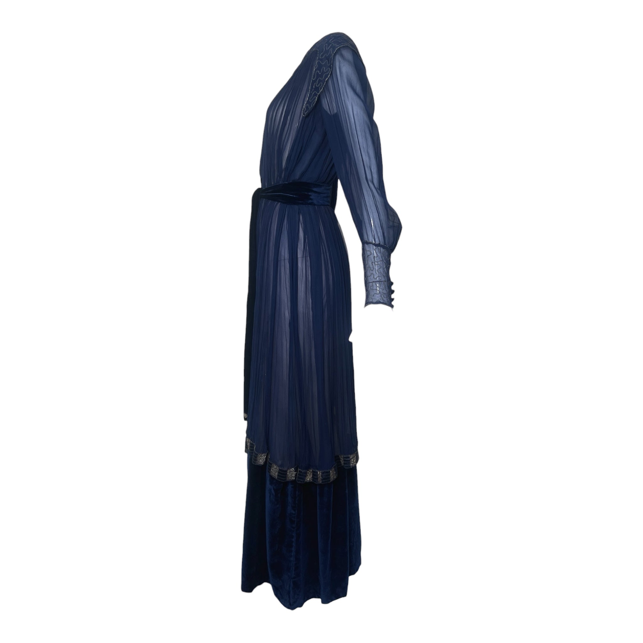 1910's French Couture Midnight Blue Silk Chiffon Long Sleeve Gown, side