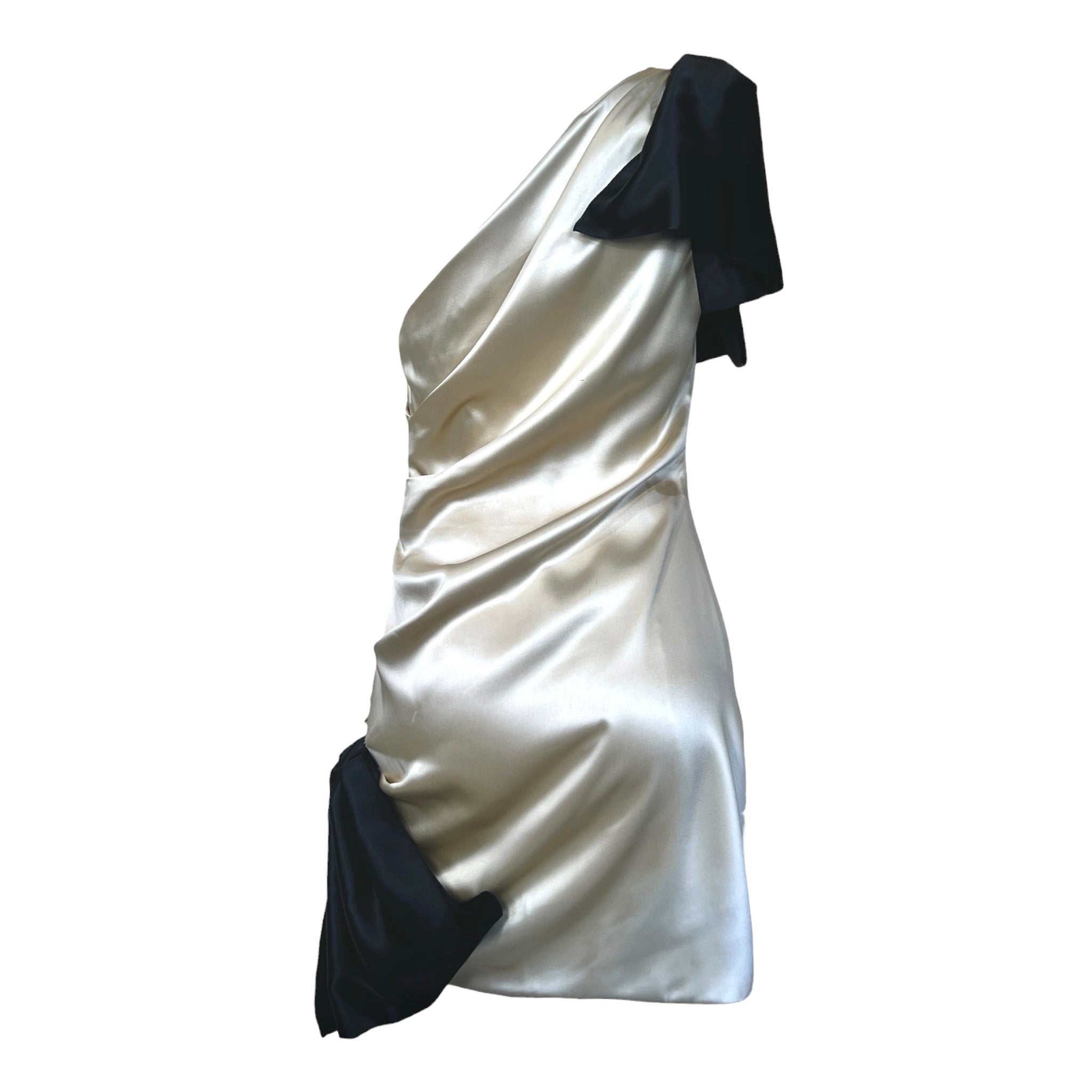 Dolce and Gabbana Y2K Cream and Black Silk Satin One-Shoulder Mini Dress, back