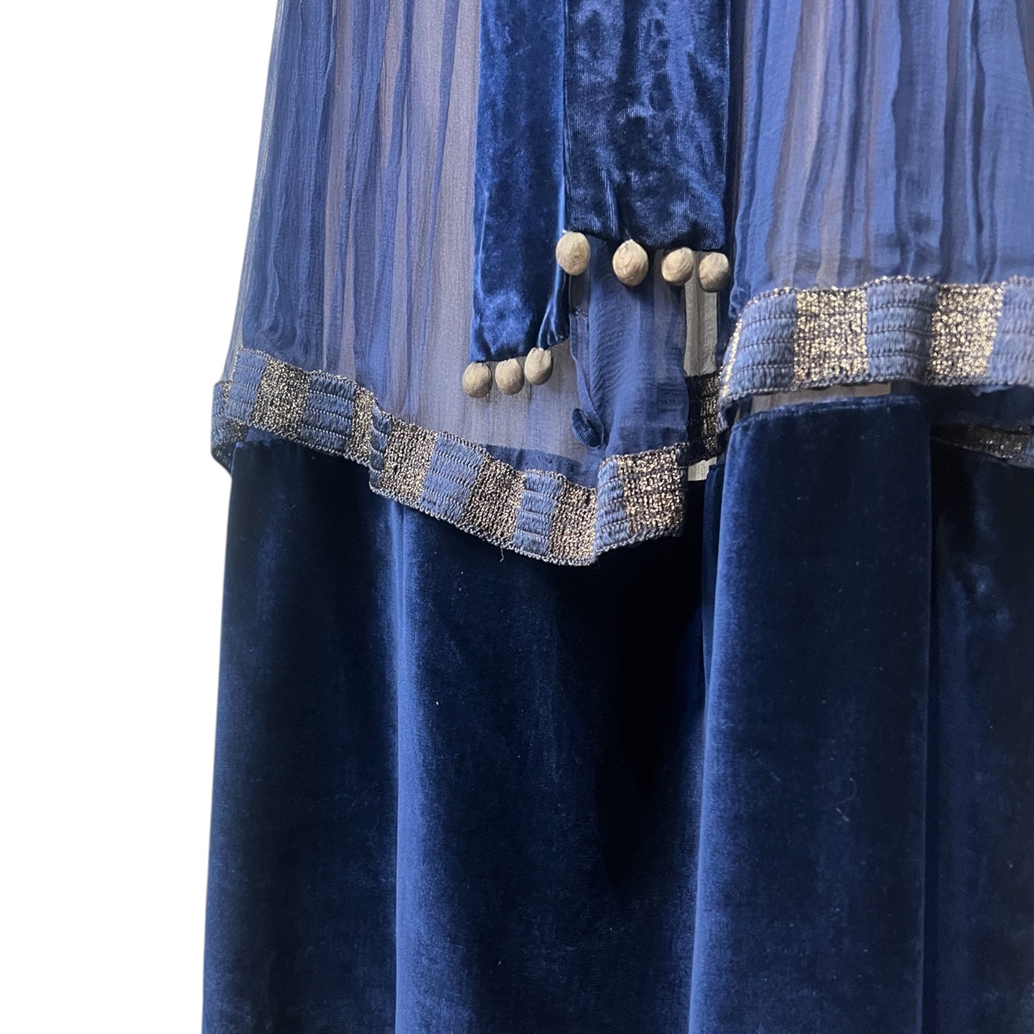 1910's French Couture Midnight Blue Silk Chiffon Long Sleeve Gown tier detail