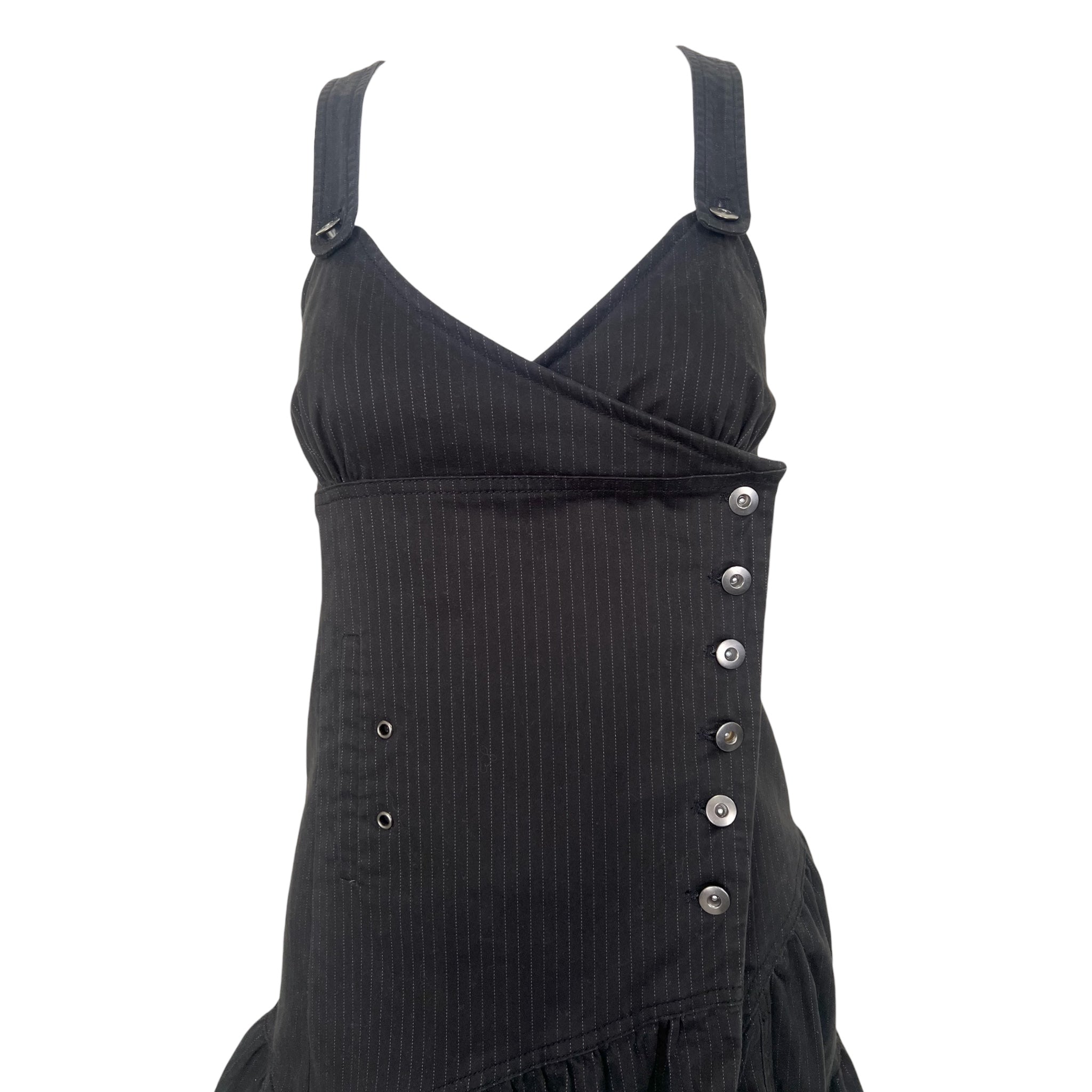 Y2K Black Pinstripe Asymmetrical Bubble Hem Midi Dress, top