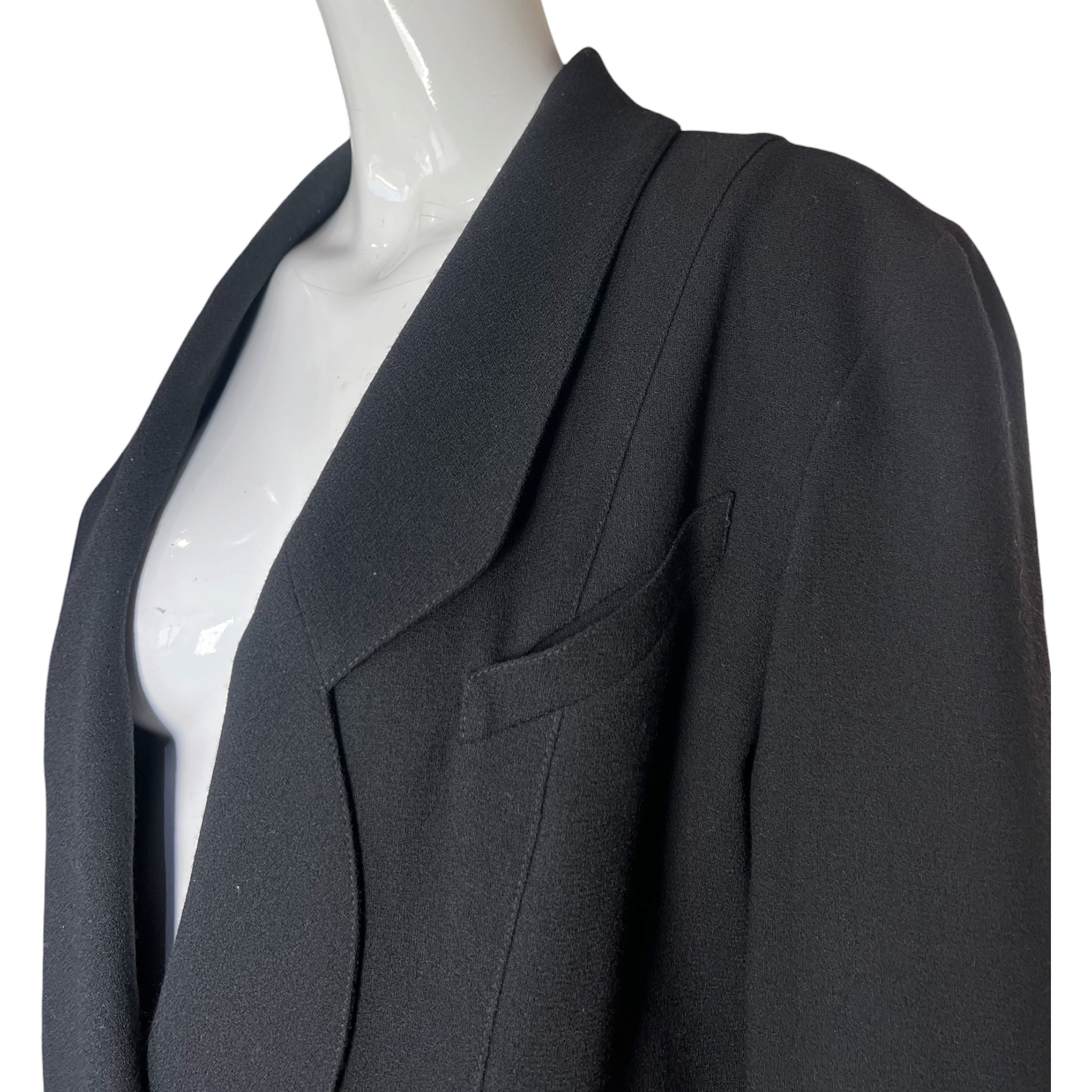 Karl Lagerfeld Late 1980s Black Tuxedo Coat Dress, side collar detail