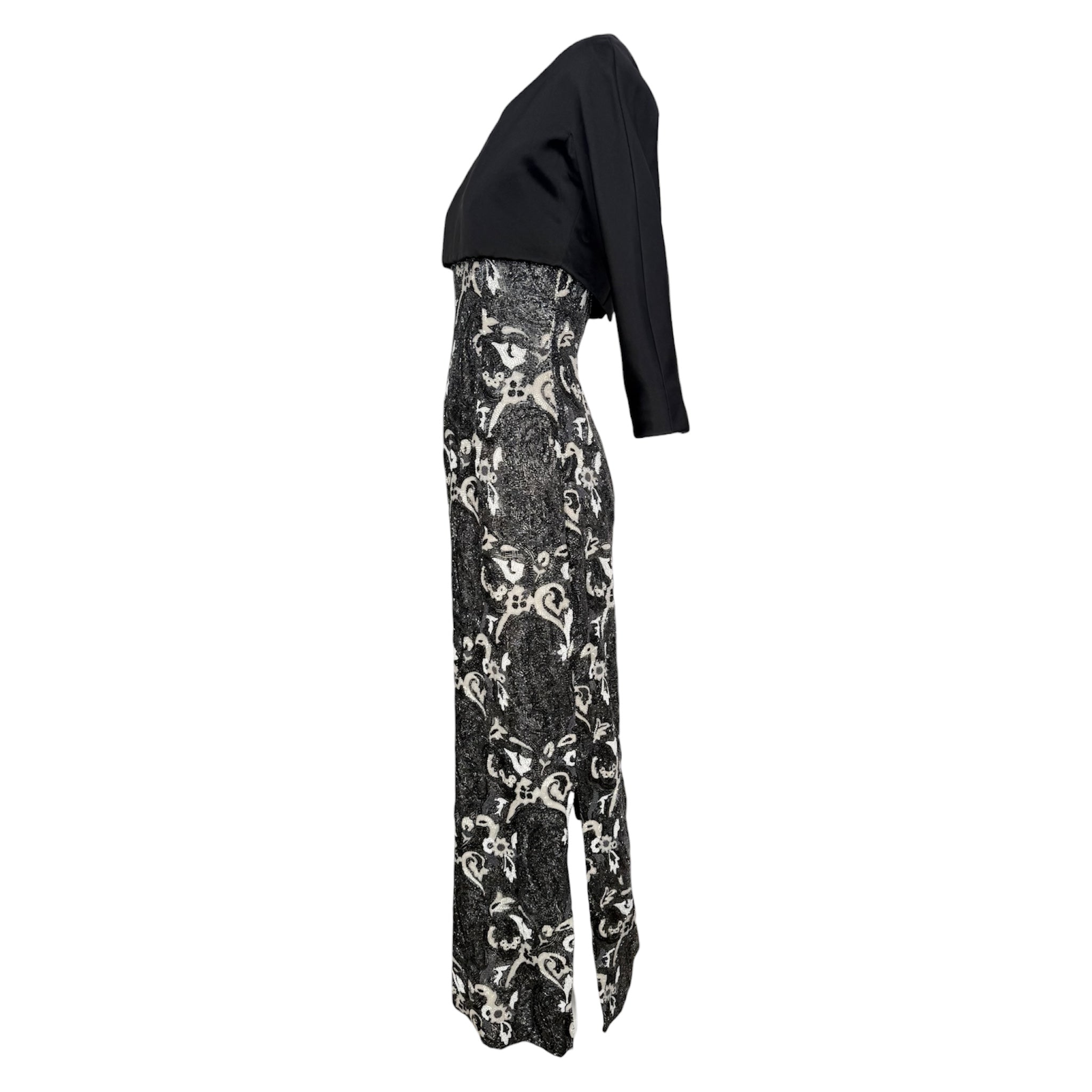 Guy Laroche Haute Couture 1960's Black and White Empire Waist Heavily Beaded Gown, side