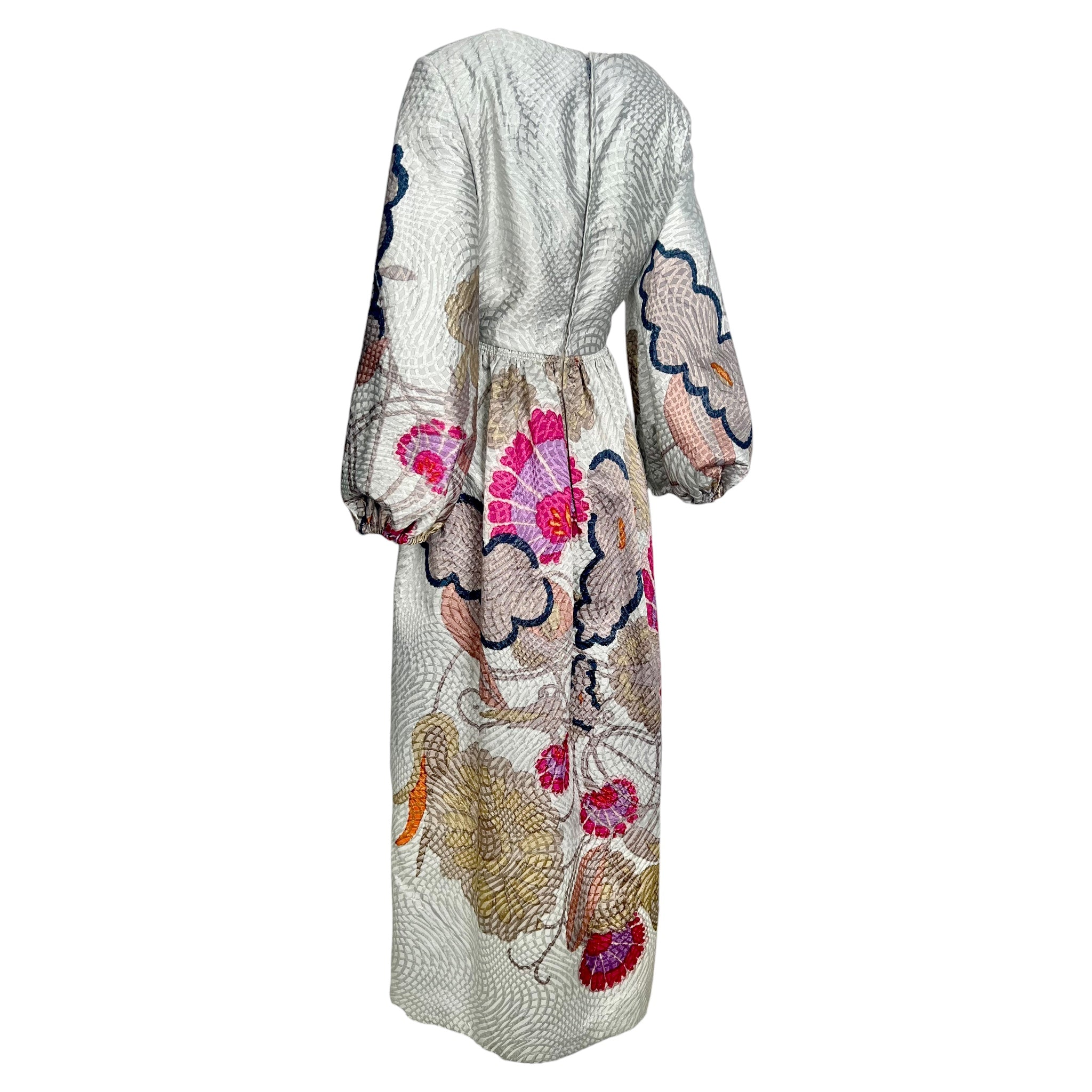 Bill Blass 1969 Silver Brocade Pink Floral Long Sleeve Full Length Dress, Documented, slight side back 2