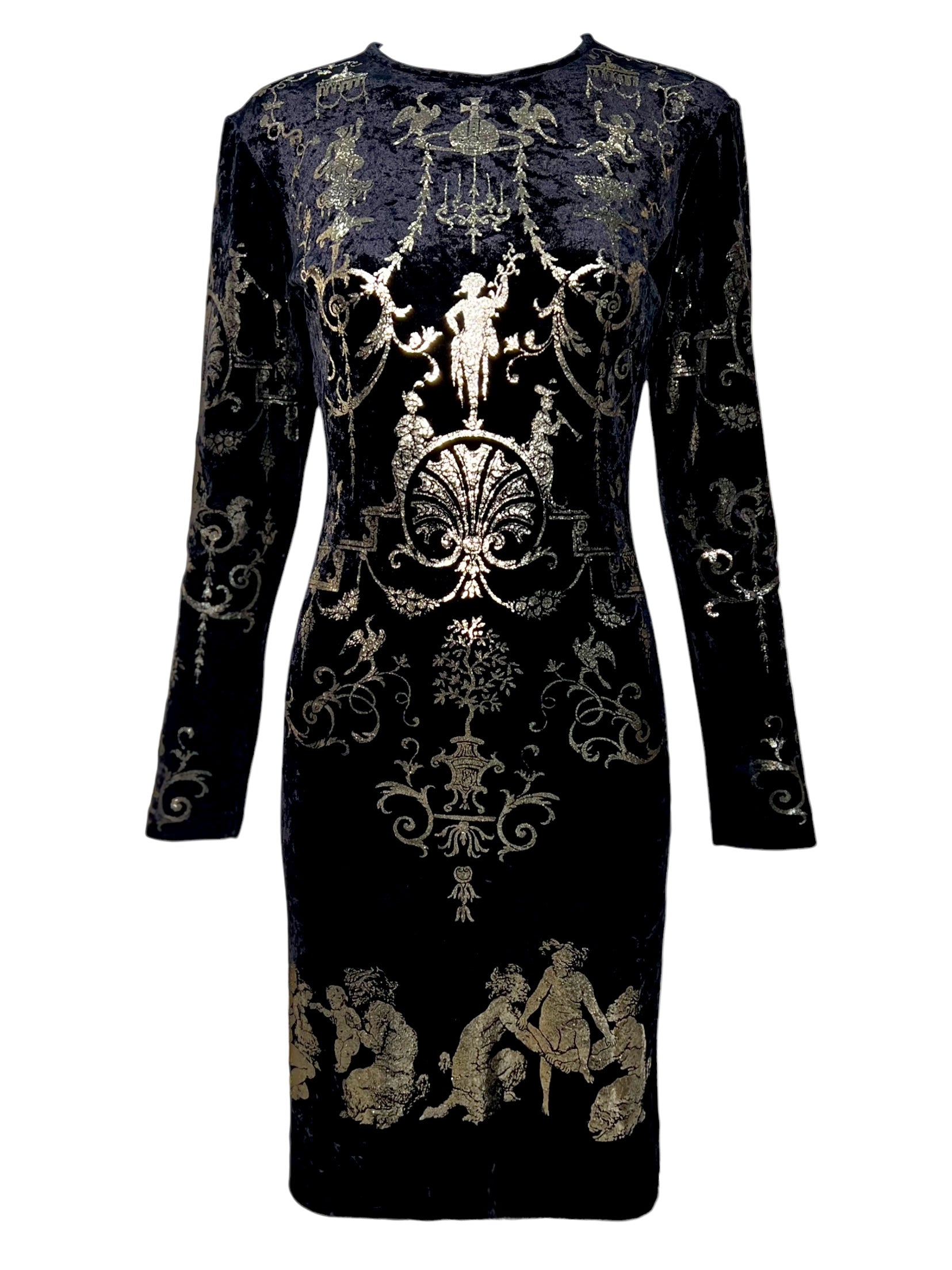 Vivienne Westwood 'Portrait' F/W 1990 Black Velvet Gold Boulle Foil Midi Dress FRONT PHOTO 1 OF 14