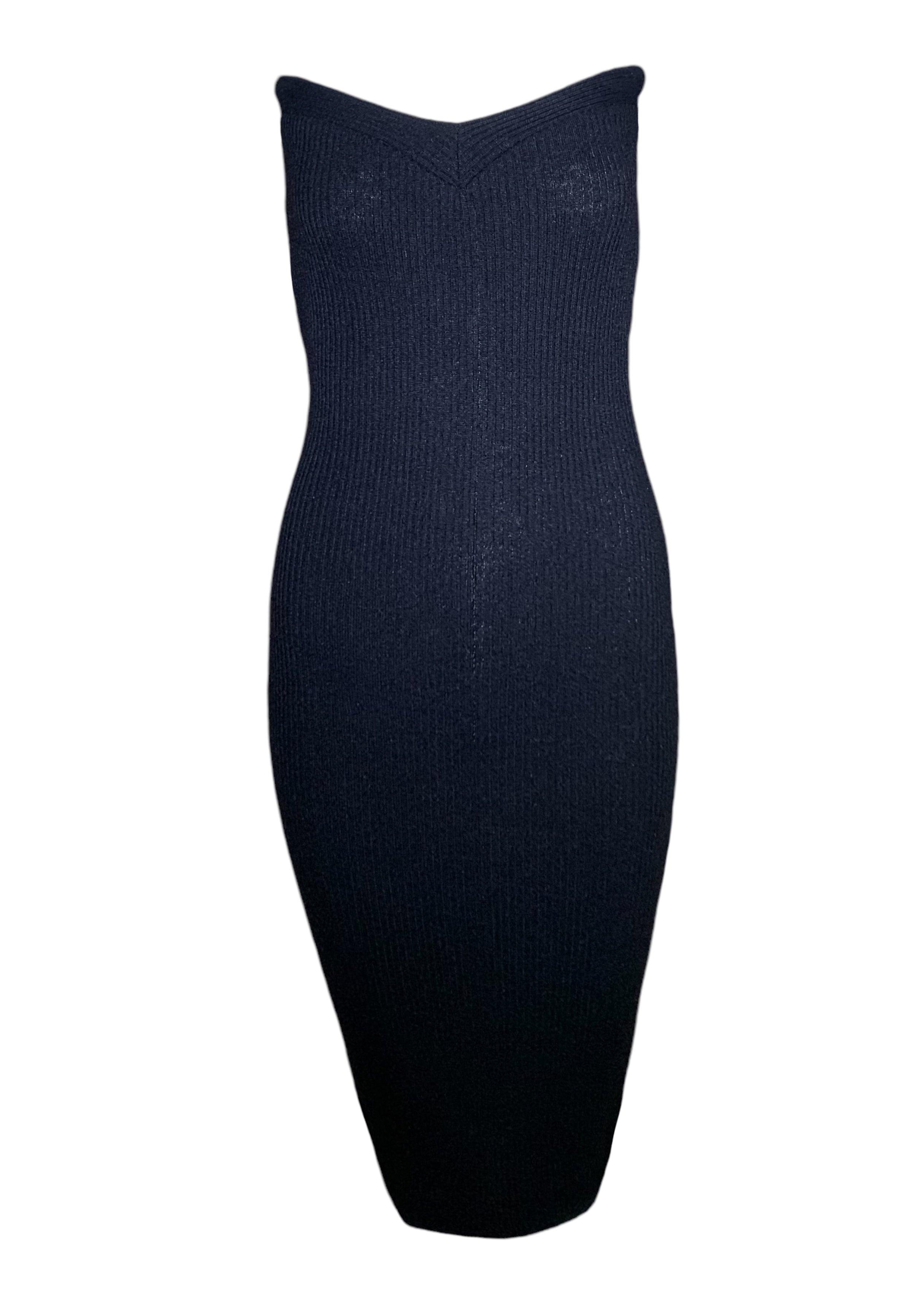 Patrick Kelly 1980s Black Ribbed Knit Sexy Strapless Midi Dress FRONT 1/5